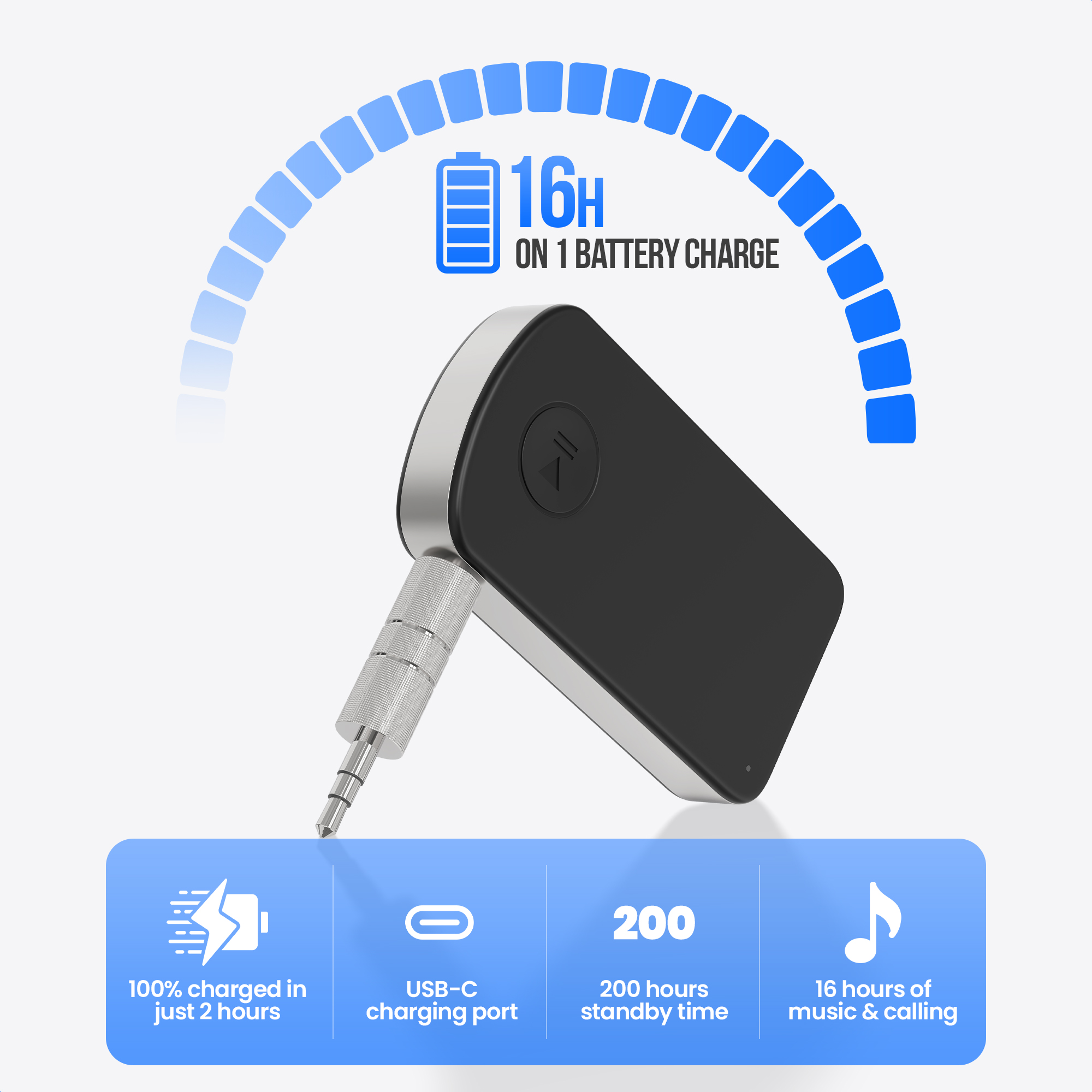 Appareil noir et argenté avec un câble de chargement. Il a un graphique de batterie avec le texte '16H on 1 battery charge'.
