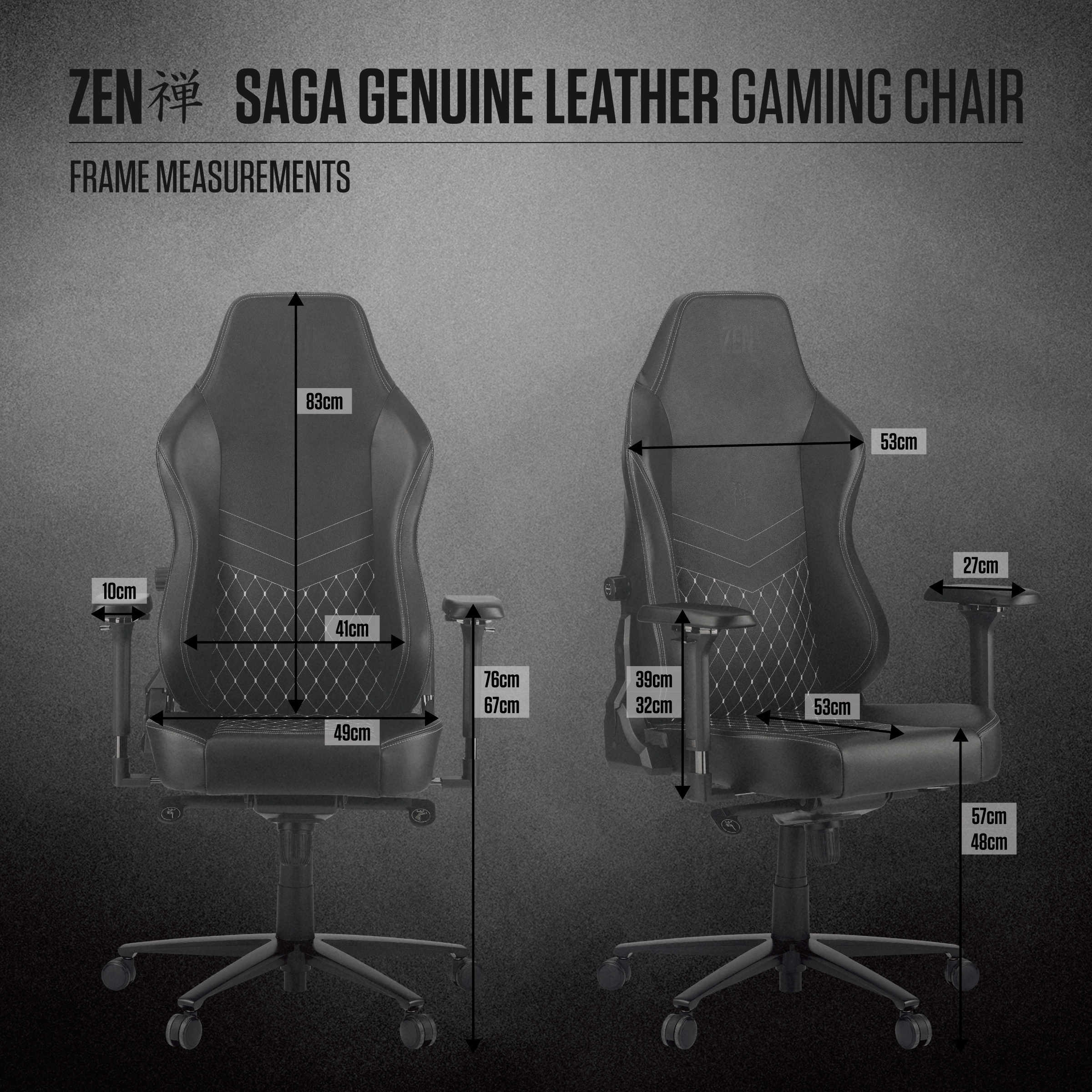 Das Bild zeigt einen schwarzen Gaming-Stuhl mit Maßen. Der Text lautet: ZEN SAGA ECHTES LEDER GAMING-STUHL.