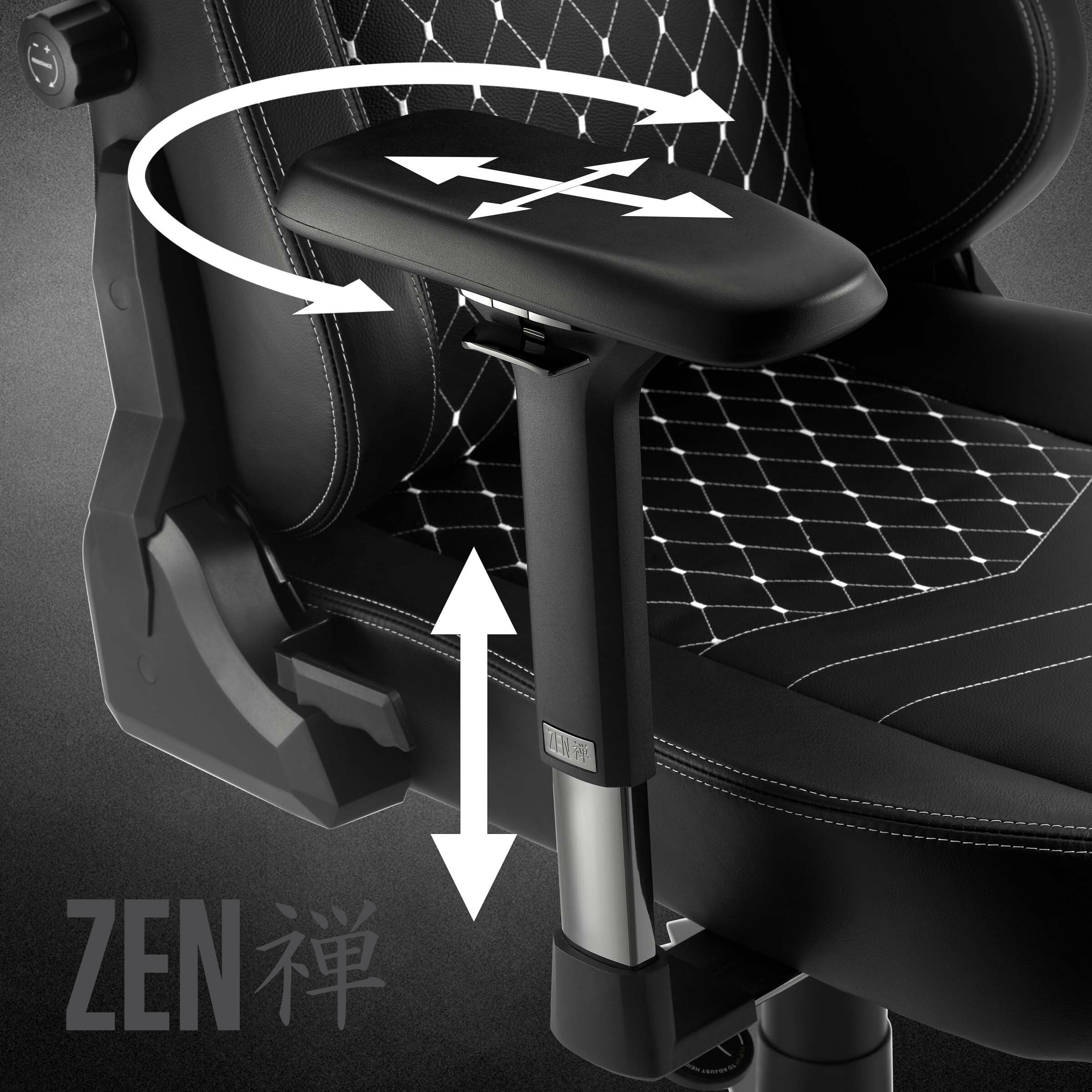 Schwarzer Gaming-Stuhl mit weißen Nähten und verstellbaren Armlehnen, beschriftet ZEN. Pfeile zeigen die Verstellrichtungen.