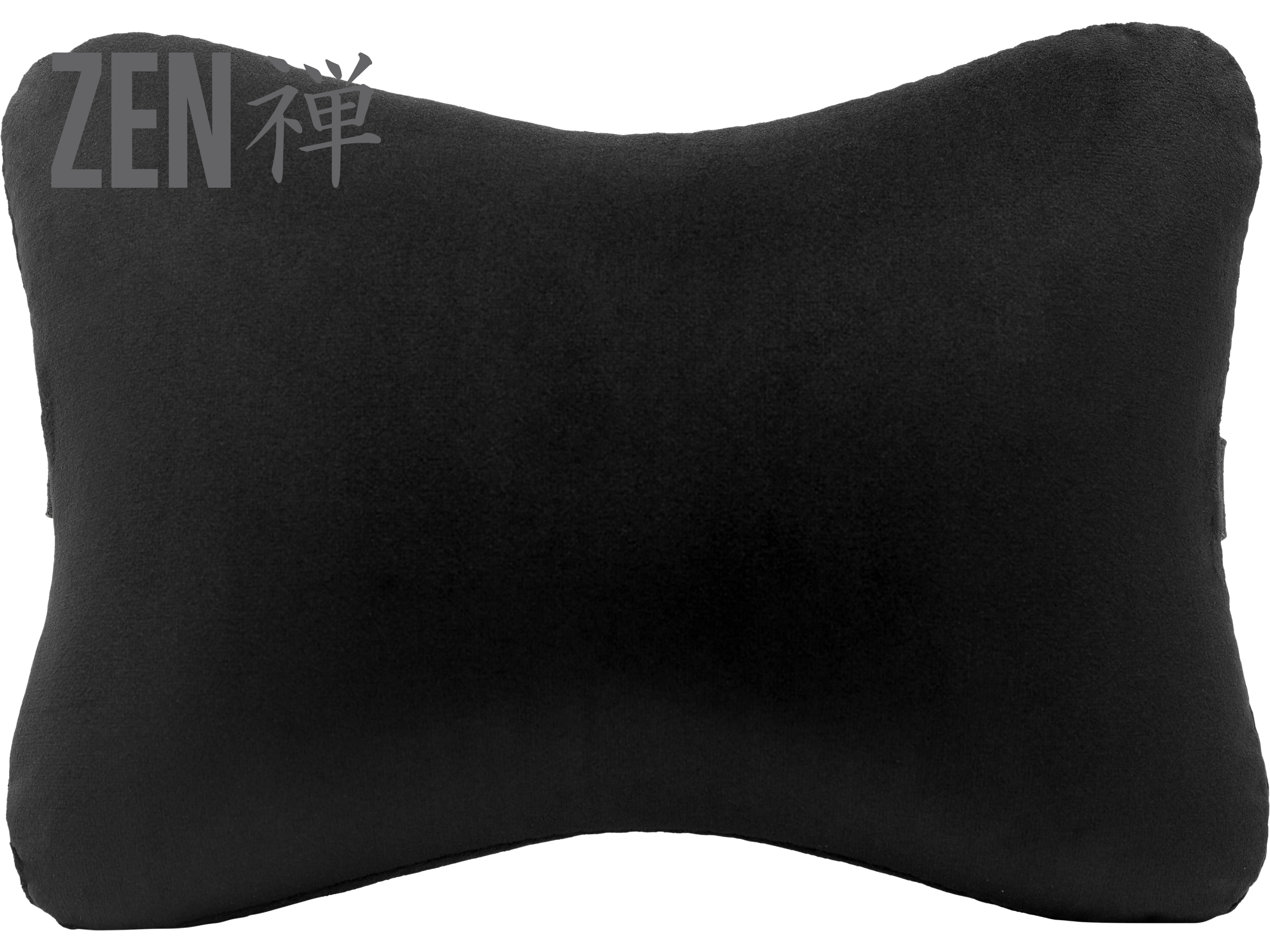 Ein schwarzes Nackenkissen mit ZEN-Schriftzug. Das Kissen hat die Form einer Fliege.