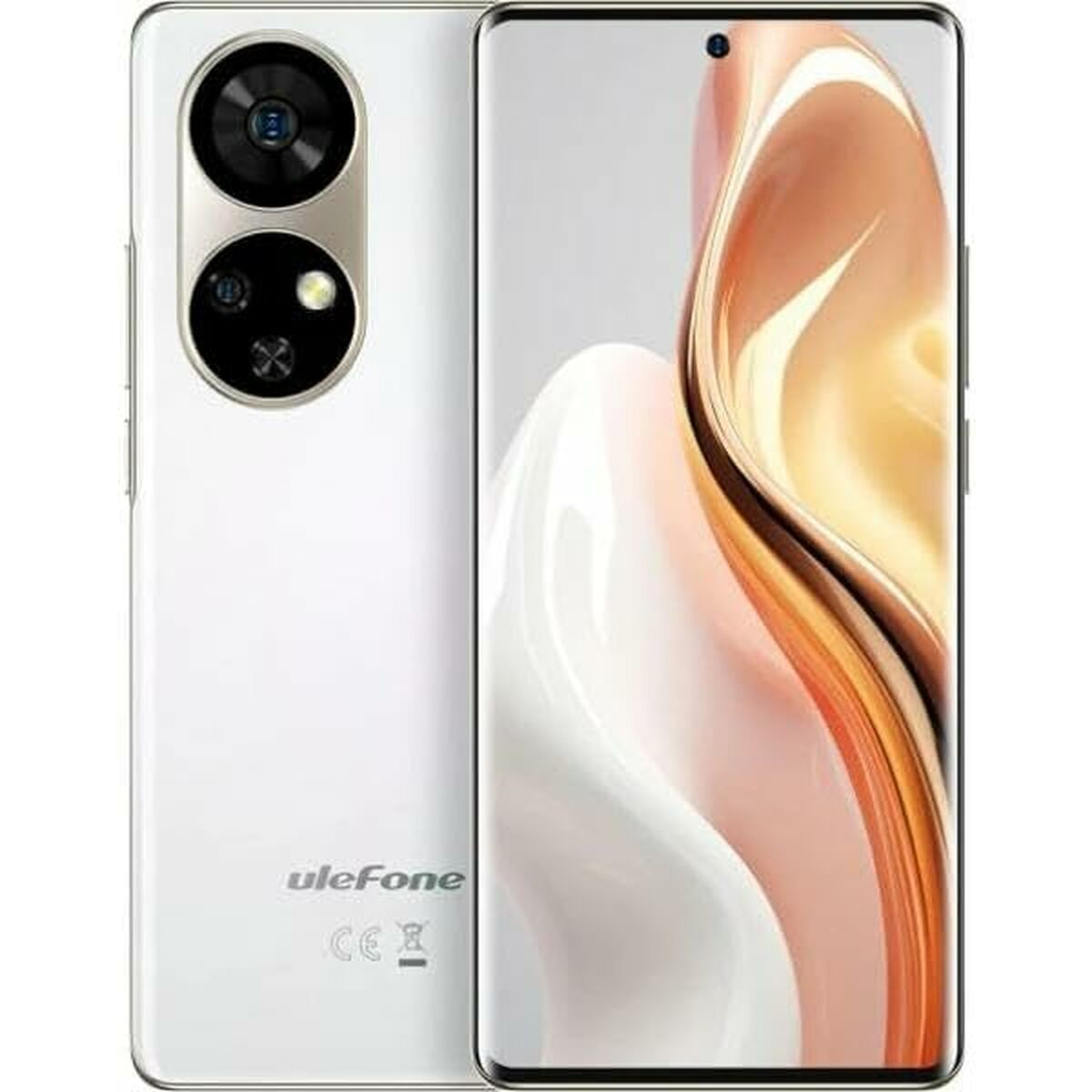 Biały smartfon Ulefone z dwoma aparatami z tyłu, ekran włączony, wyświetla rozmyty obraz.