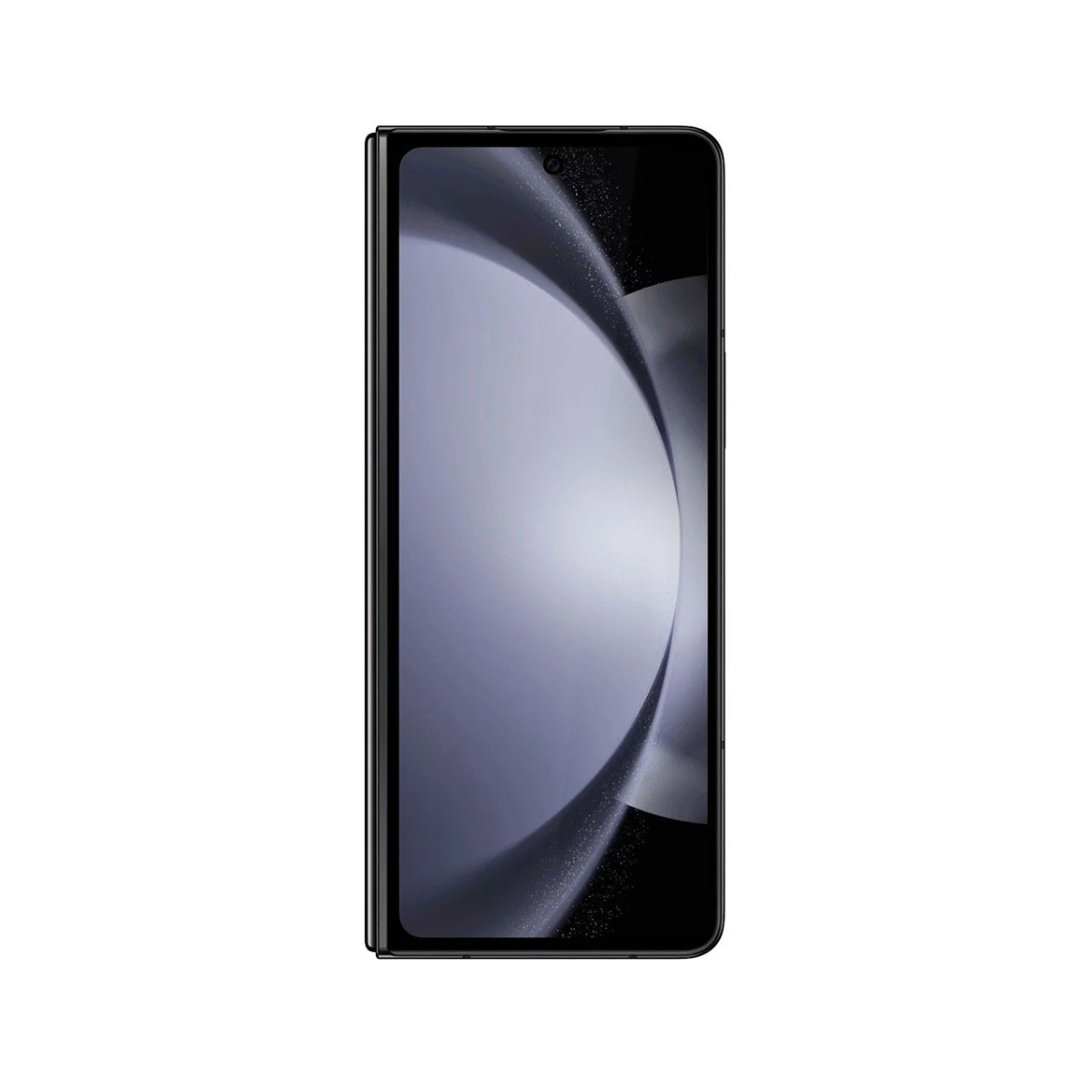 Czarny smartfon jest pokazany otwarty. Ekran wyświetla jasnoszary, abstrakcyjny wzór na białym tle.