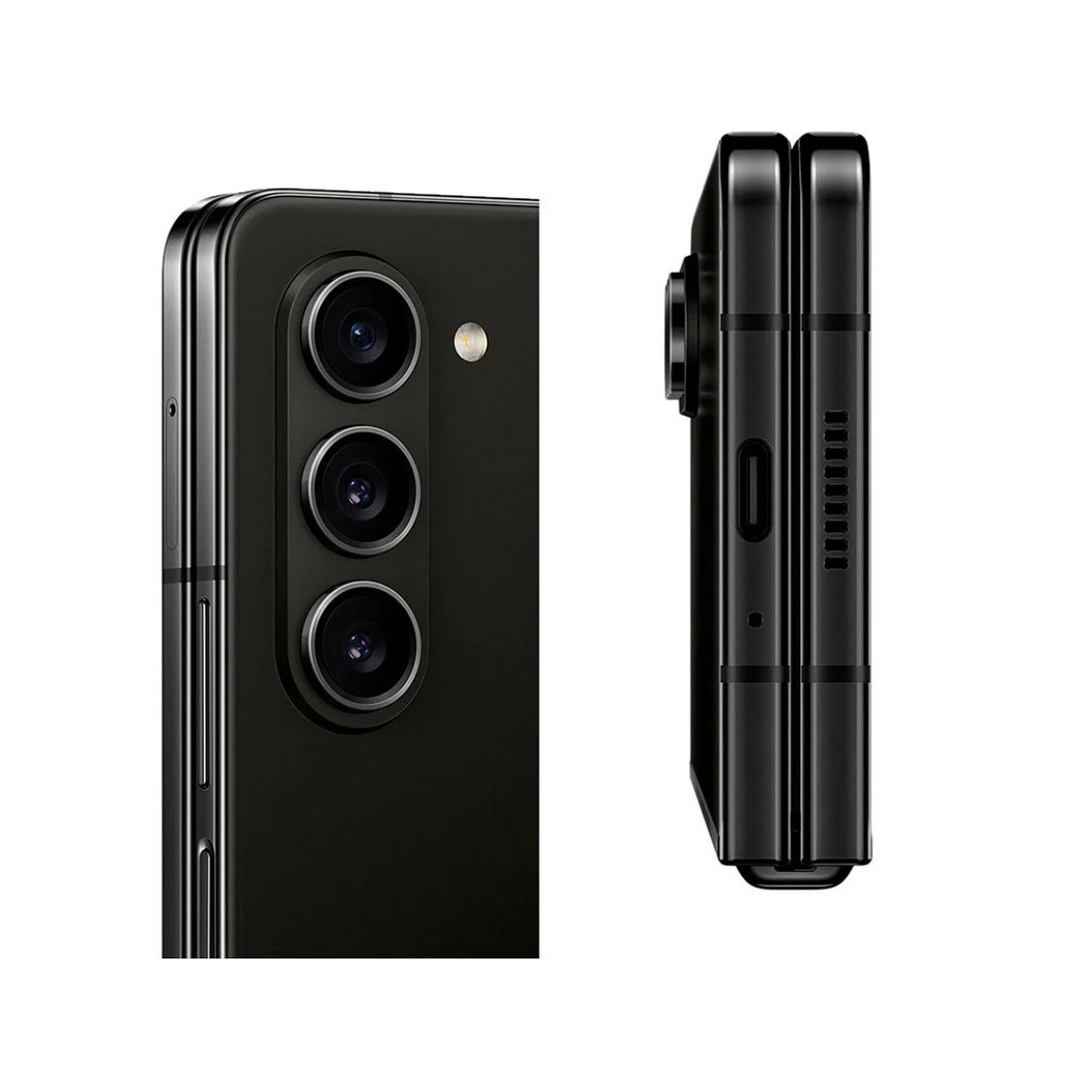 Czarny telefon pokazujący tył z trzema aparatami i bok złożonego telefonu. Tło jest białe.