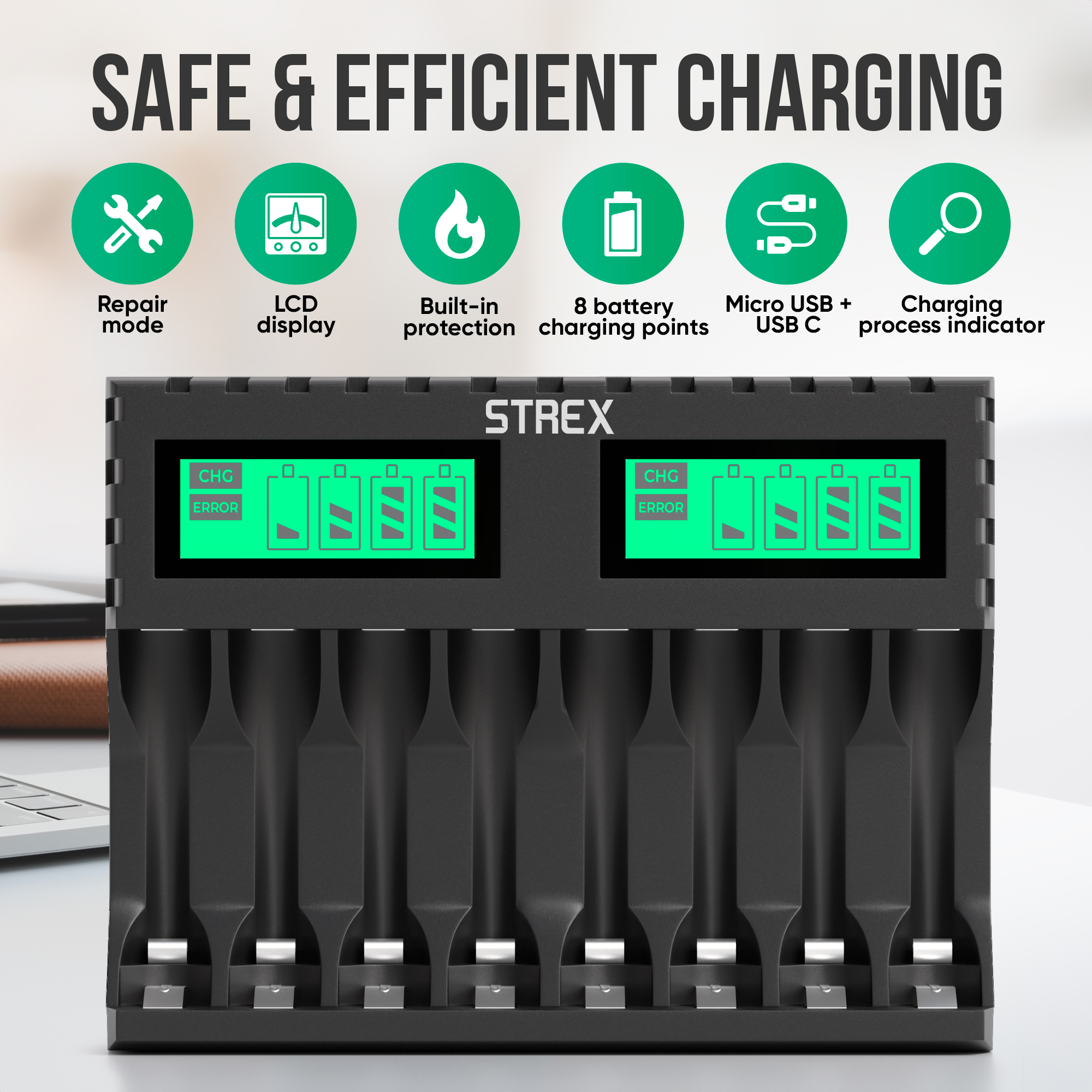 Zwarte batterijlader met twee groene LCD-schermen, pictogrammen en tekst. De lader heeft 8 oplaadpunten.