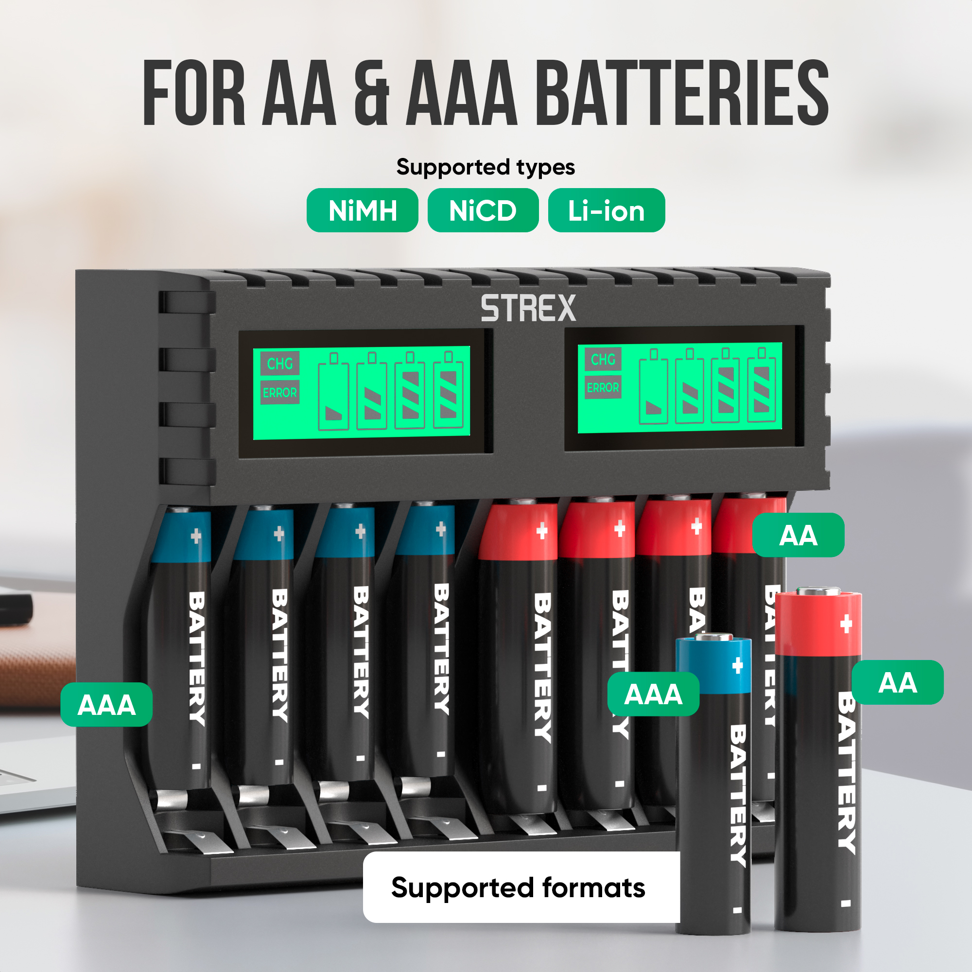 Zwarte batterijoplader met AA- en AAA-batterijen. Displays tonen de laadstatus. Tekst: VOOR AA & AAA BATTERIJEN, STREX.