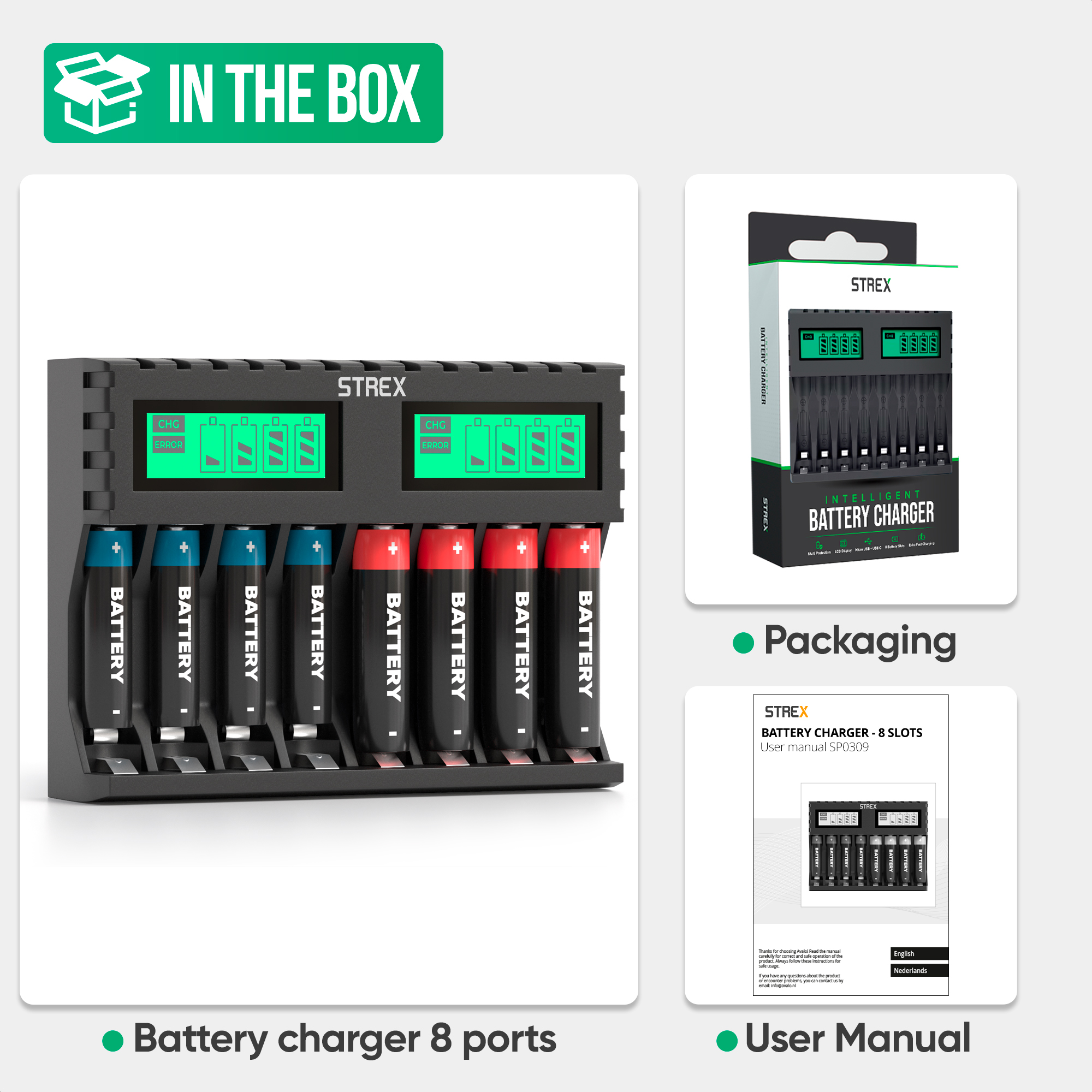Een 8-poorts batterij oplader. Inclusief oplader, verpakking en gebruikershandleiding. De oplader heeft een display en is zwart.