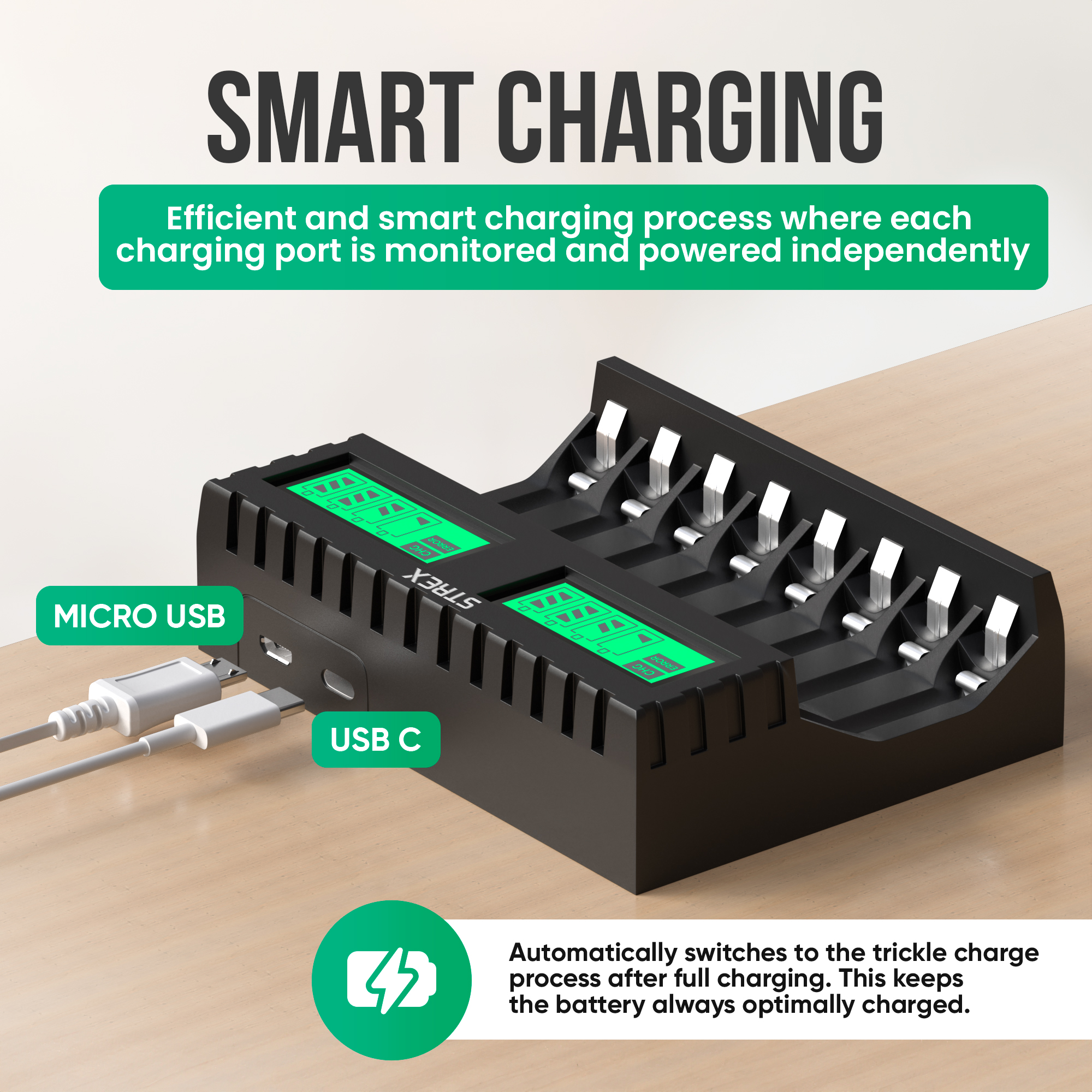 Zwart laadstation met USB- en Micro USB-poorten, groene displays. Tekst: Slim opladen, efficiënt laadproces.