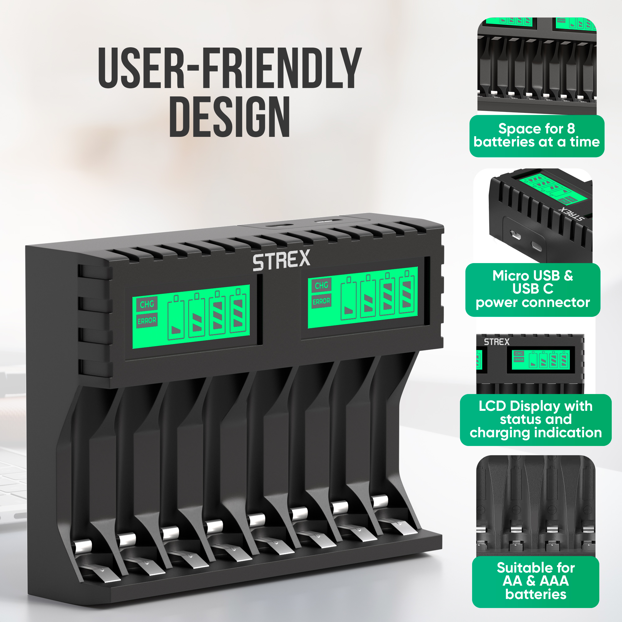 Zwarte batterijoplader met groene displays, oplaadindicatoren en ruimte voor 8 batterijen. Het heeft Micro USB- en USB C-connectoren.