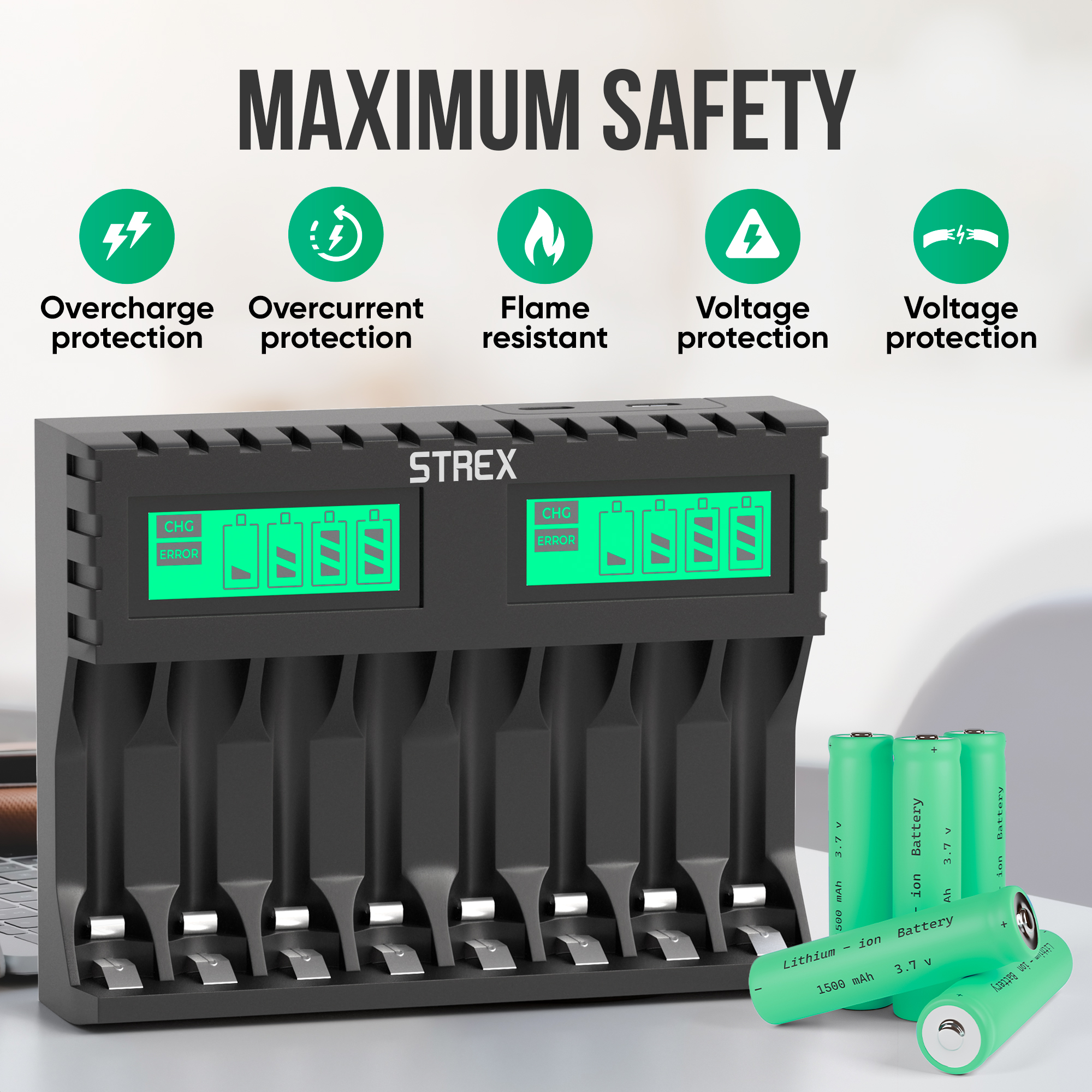 Een zwarte batterijoplader met groene batterijen. Het heeft veiligheidsiconen erboven en geeft de laadstatus weer. De merknaam is STREX.