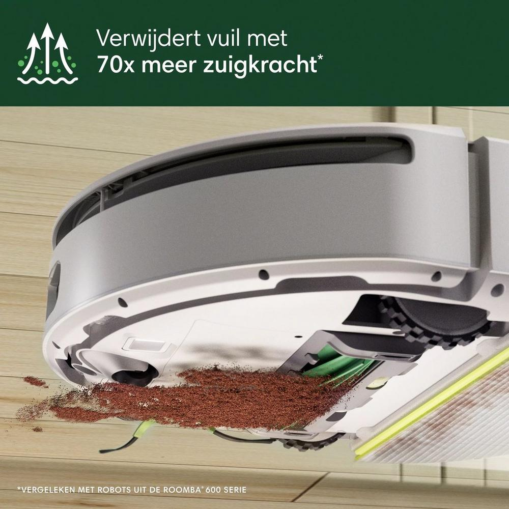 Robot sprzątający brud. Tekst mówi, że usuwa brud z 70-krotnie większą siłą ssania. Tekst na dole: Roomba seria 600.