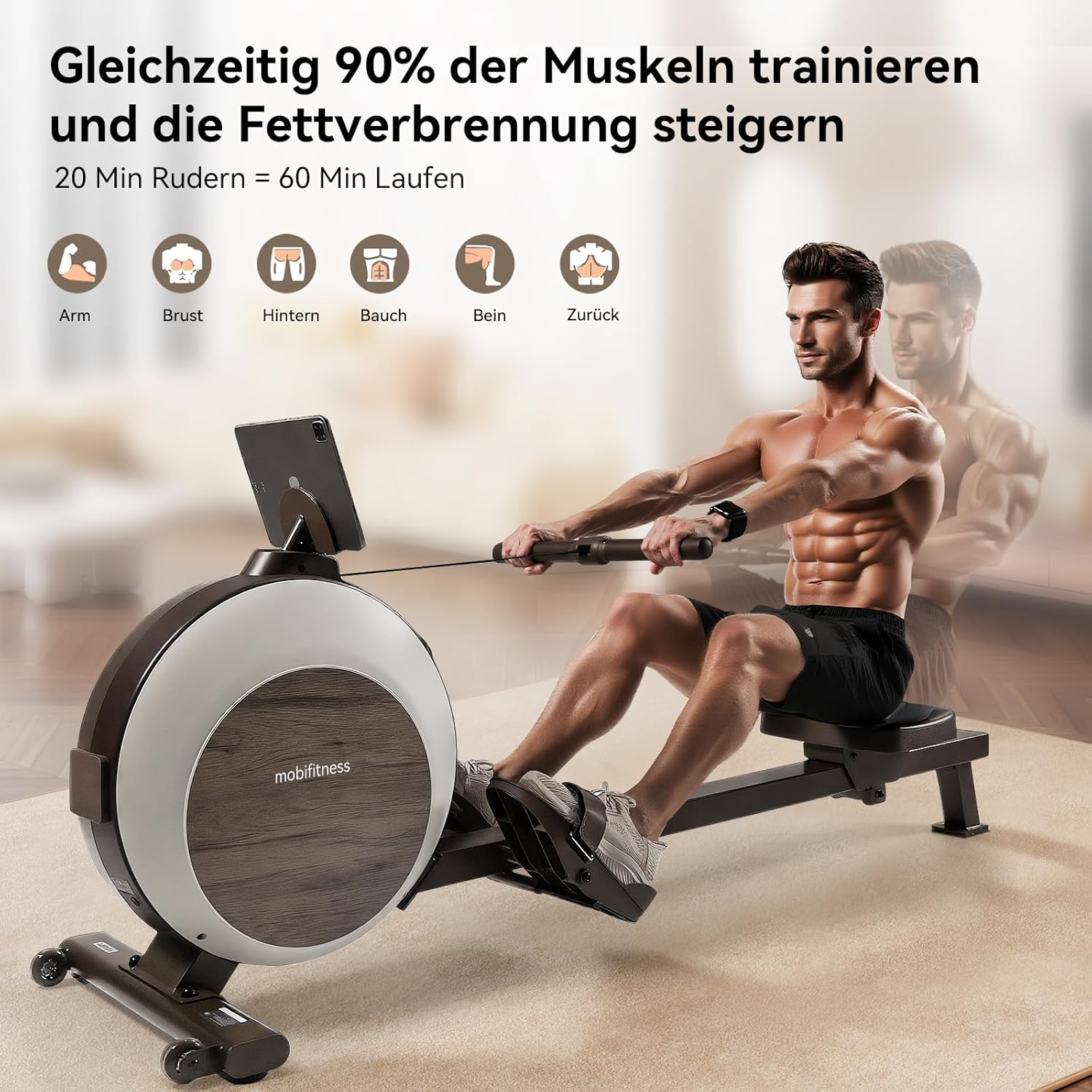 Ein Mann rudert auf einem Gerät mit Tablet. Die Maschine hat Holzmaserung. Text oben: 'Muskeltraining'.
