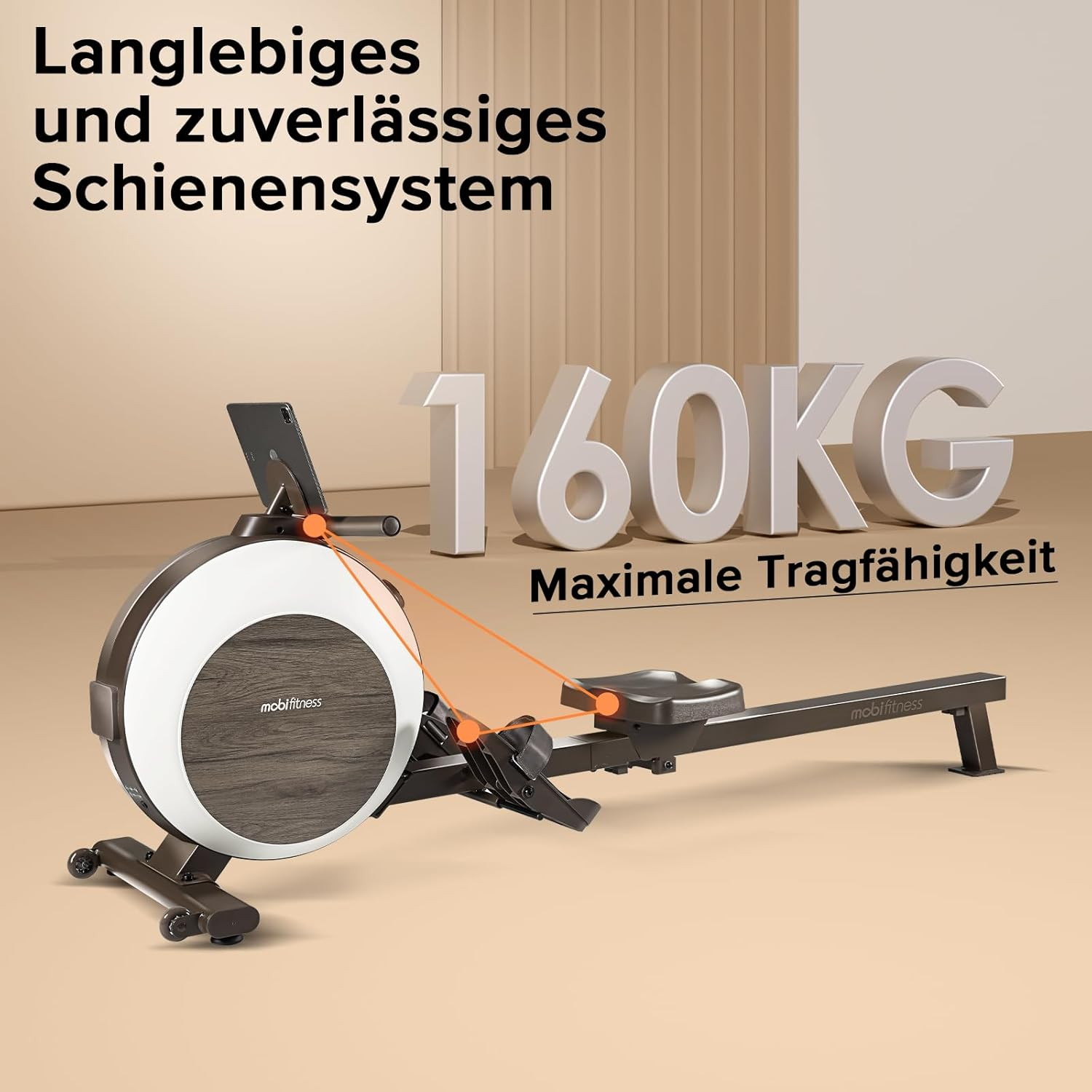 Rudergerät mit dem Text '160KG Max. Kapazität'. Der Hintergrund ist hellbraun. Die Maschine hat einen Bildschirm und die Marke ist 'mobifitness'.