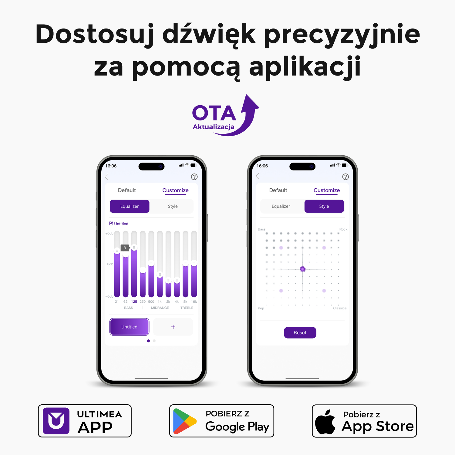 Interfejs aplikacji pokazujący ustawienia equalizera i stylu. Zawiera przyciski pobierania dla Google Play i App Store. Fioletowy motyw.
