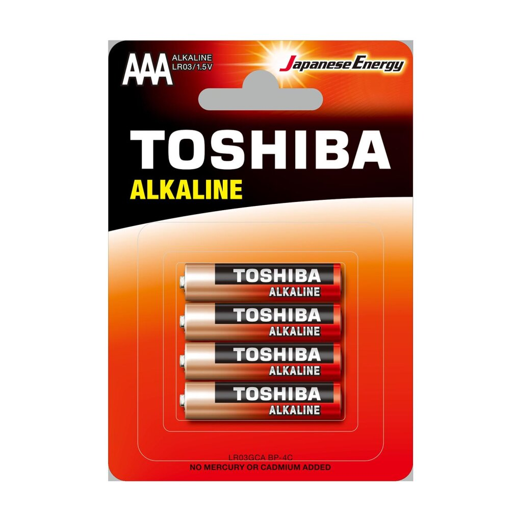Una confezione di batterie alcaline AAA Toshiba. La confezione mostra il marchio e contiene quattro batterie.