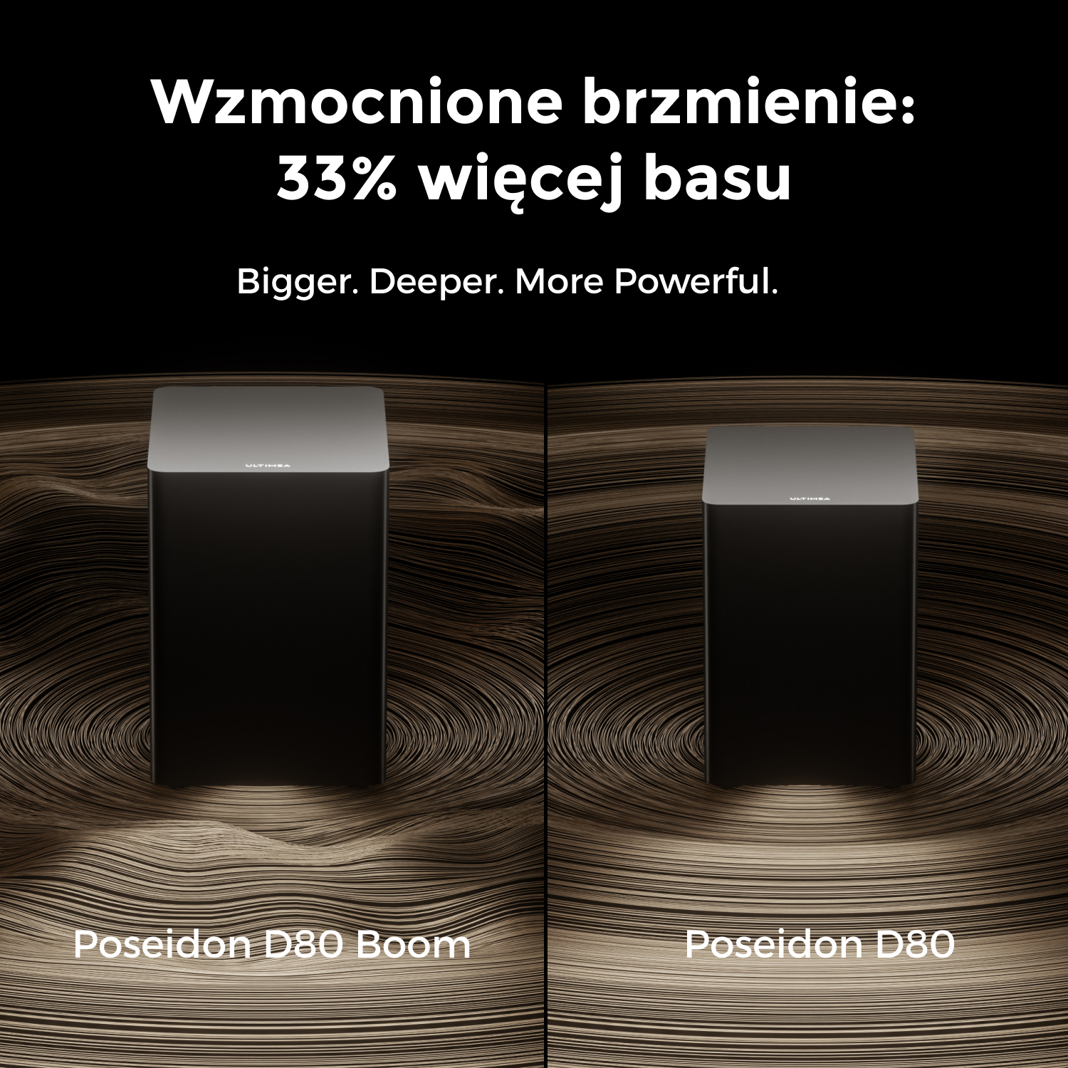 Dwa czarne głośniki, Poseidon D80 Boom i D80, na wirującym brązowym tle. Tekst: Ulepszony dźwięk, 33% więcej basu.