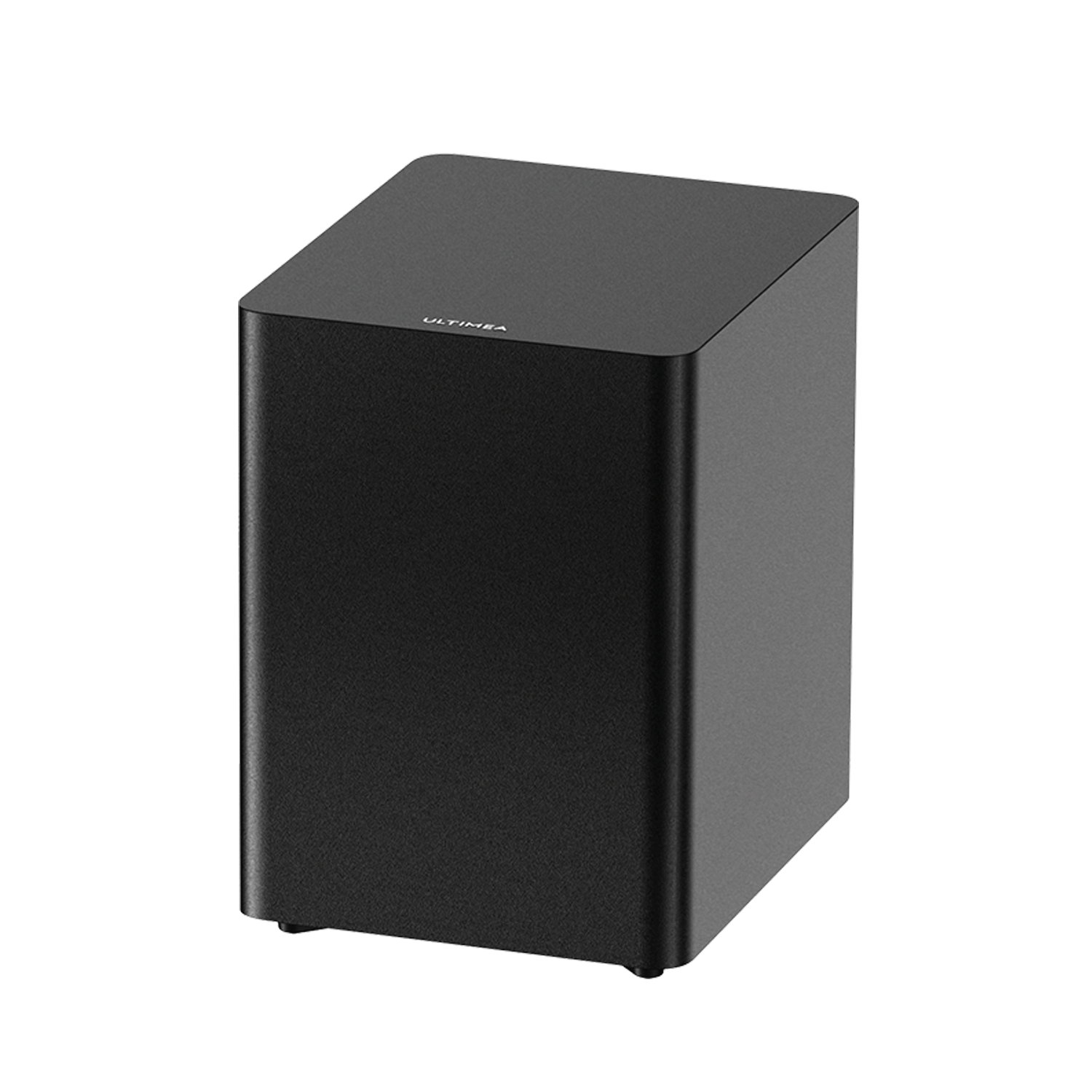 Czarny subwoofer Ultimea na białym tle. Subwoofer to prostopadłościan z lekko pochyloną górą.