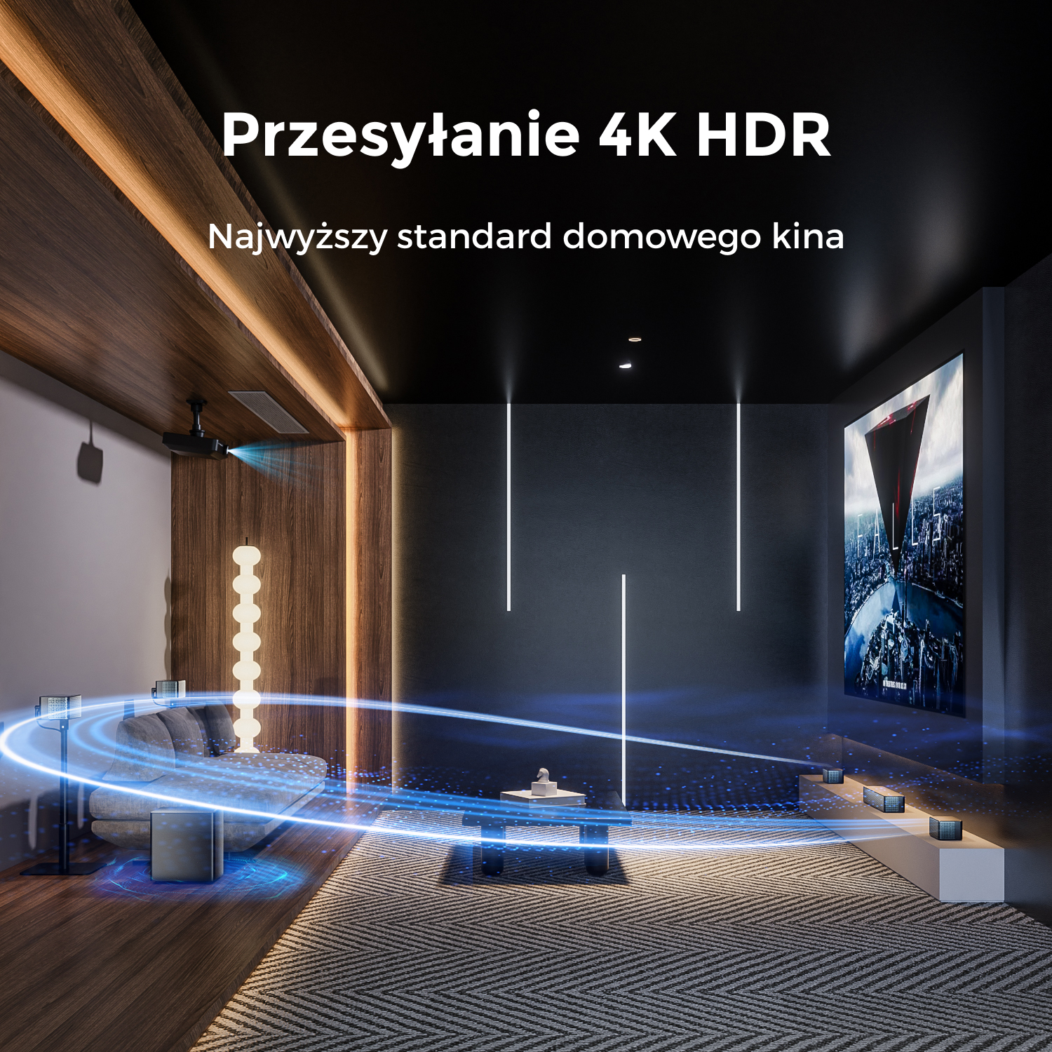 Konfiguracja kina domowego z ekranem wyświetlającym miasto. Jest sofa i projektor. Pokój jest dobrze oświetlony.