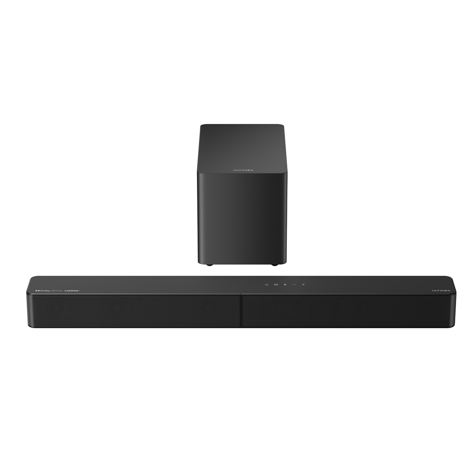 Czarny zestaw soundbar i subwoofer na białym tle. Soundbar jest prostokątny, a subwoofer to wysoka kostka.