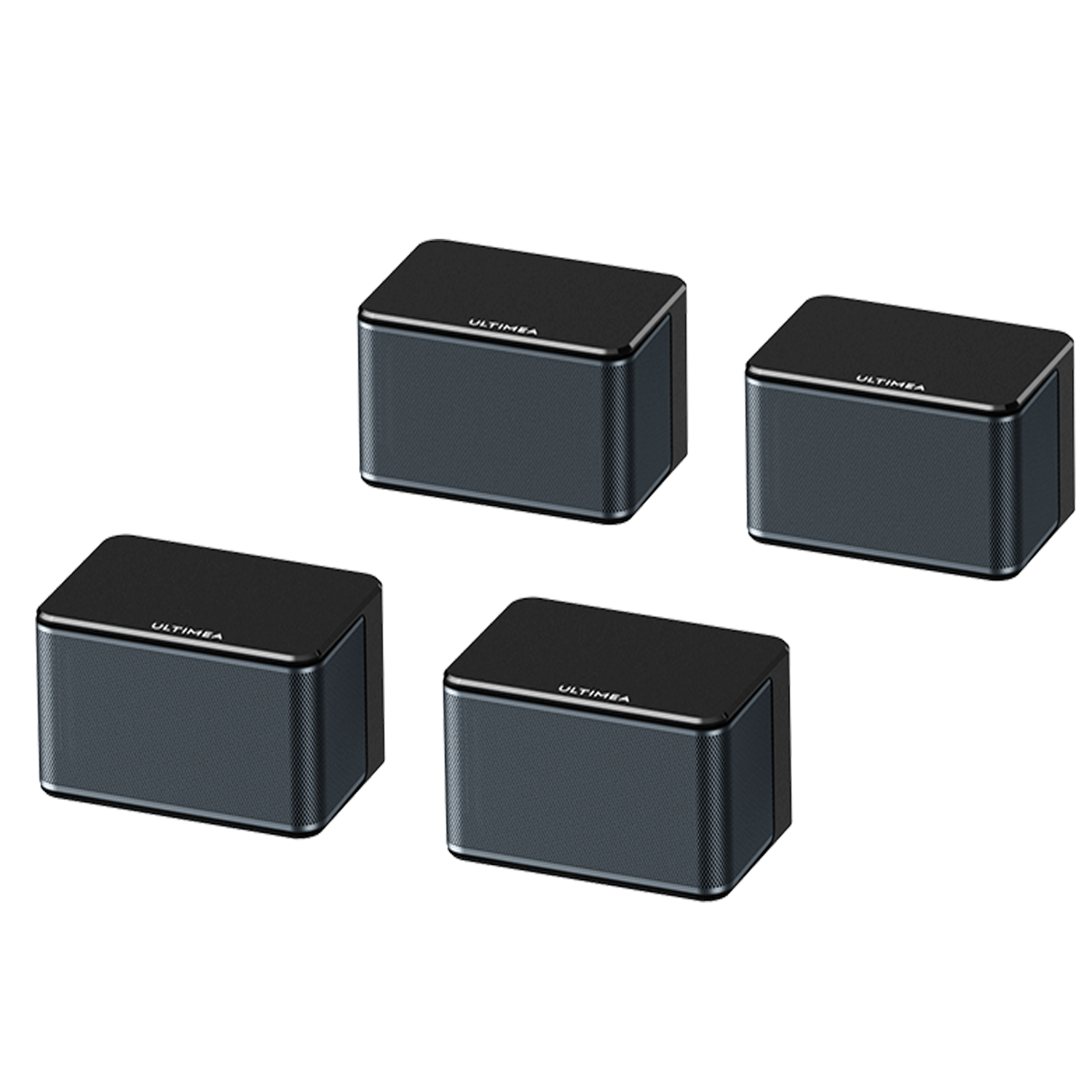 Cztery czarne prostokątne głośniki z napisem 'ULTIMEA' u góry, na białym tle.