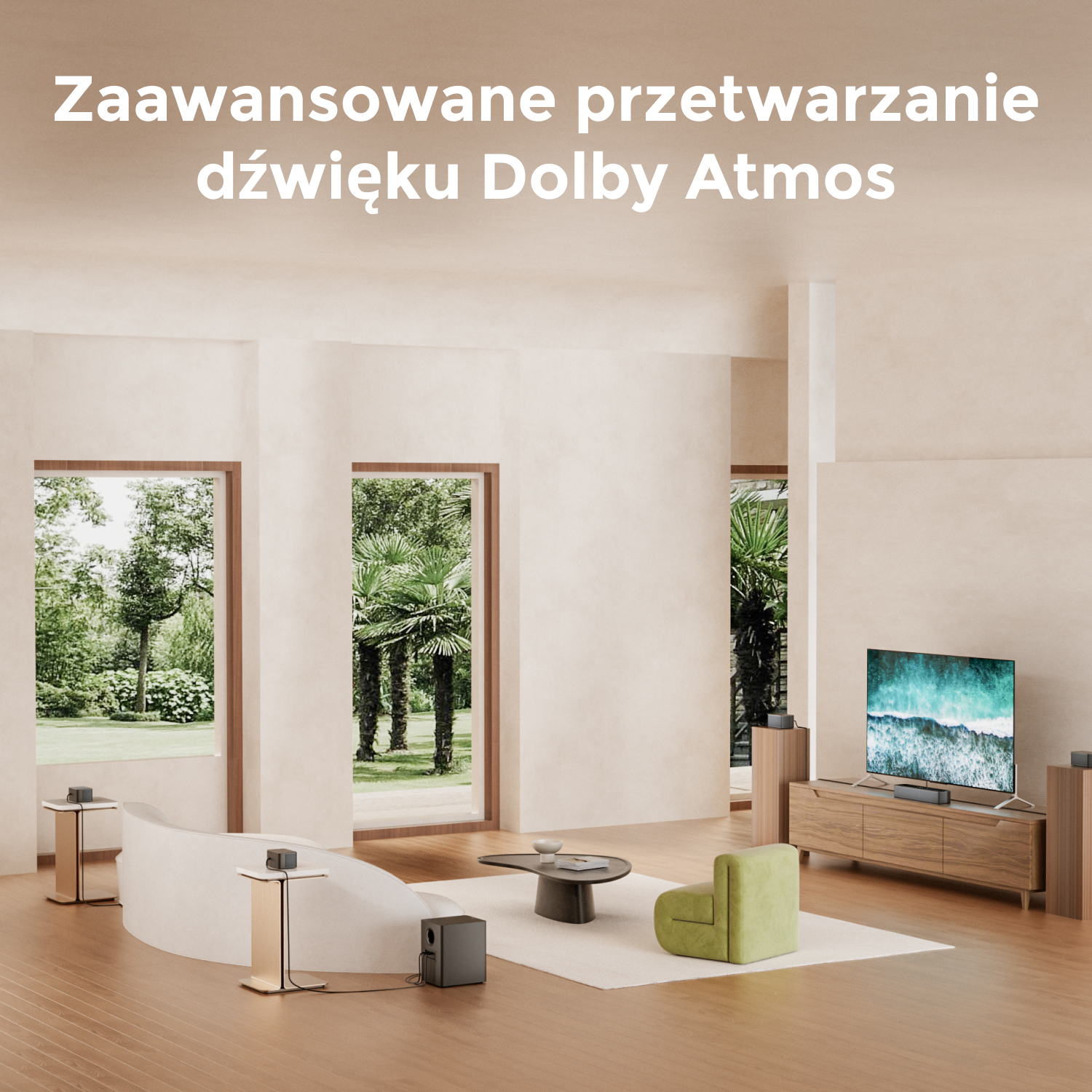 Nowoczesny salon z telewizorem wyświetlającym scenę z plaży. Zawiera głośniki, zielony fotel i stolik kawowy.