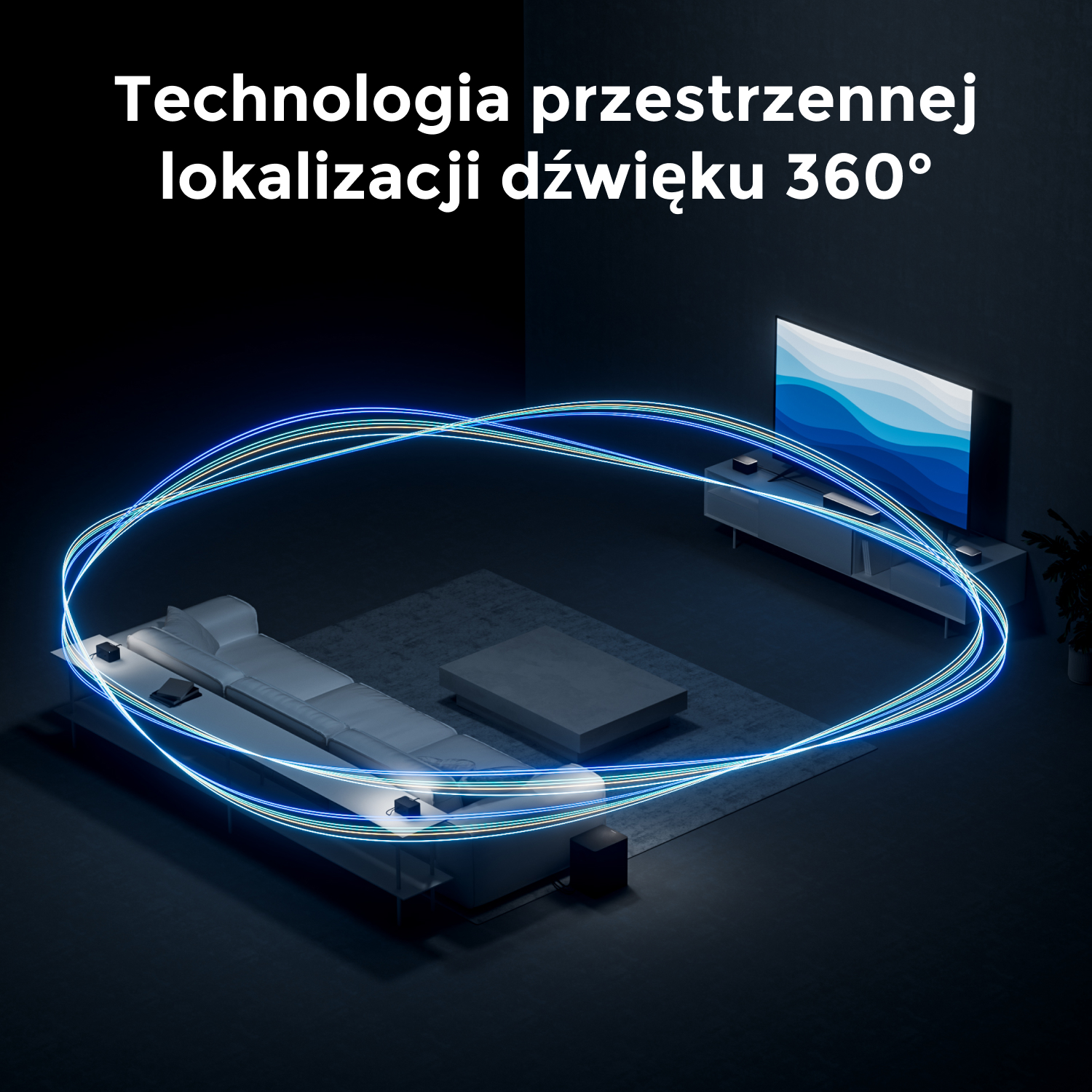 Salon z sofą, telewizorem i systemem dźwiękowym. Niebieskie światło otacza pokój, wskazując technologię lokalizacji dźwięku 360°.
