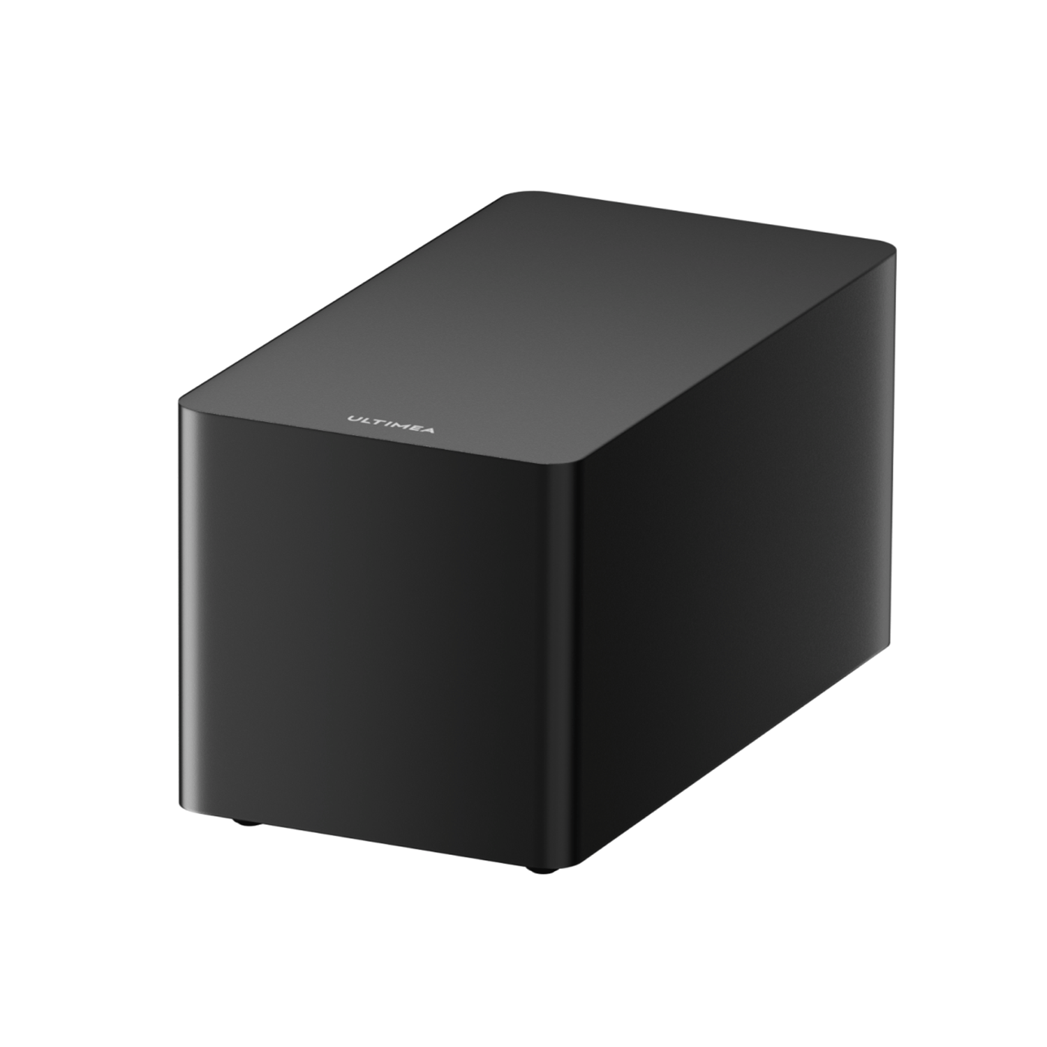 Czarny, prostokątny głośnik z zaokrąglonymi krawędziami na białym tle. Nazwa marki ULTIMEA jest wydrukowana na górze.
