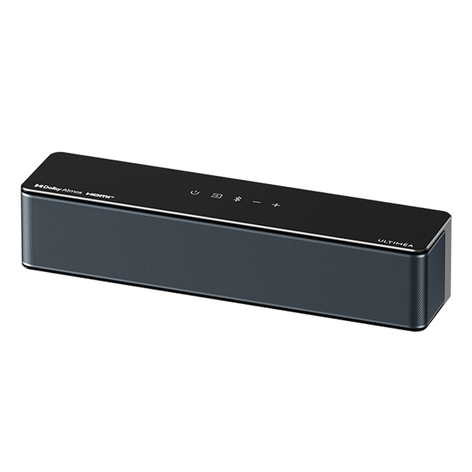 Czarny soundbar z przyciskami sterowania na górze. Posiada oznaczenia Dolby Atmos i Ultimea. Głośnik ma siatkowy przód.