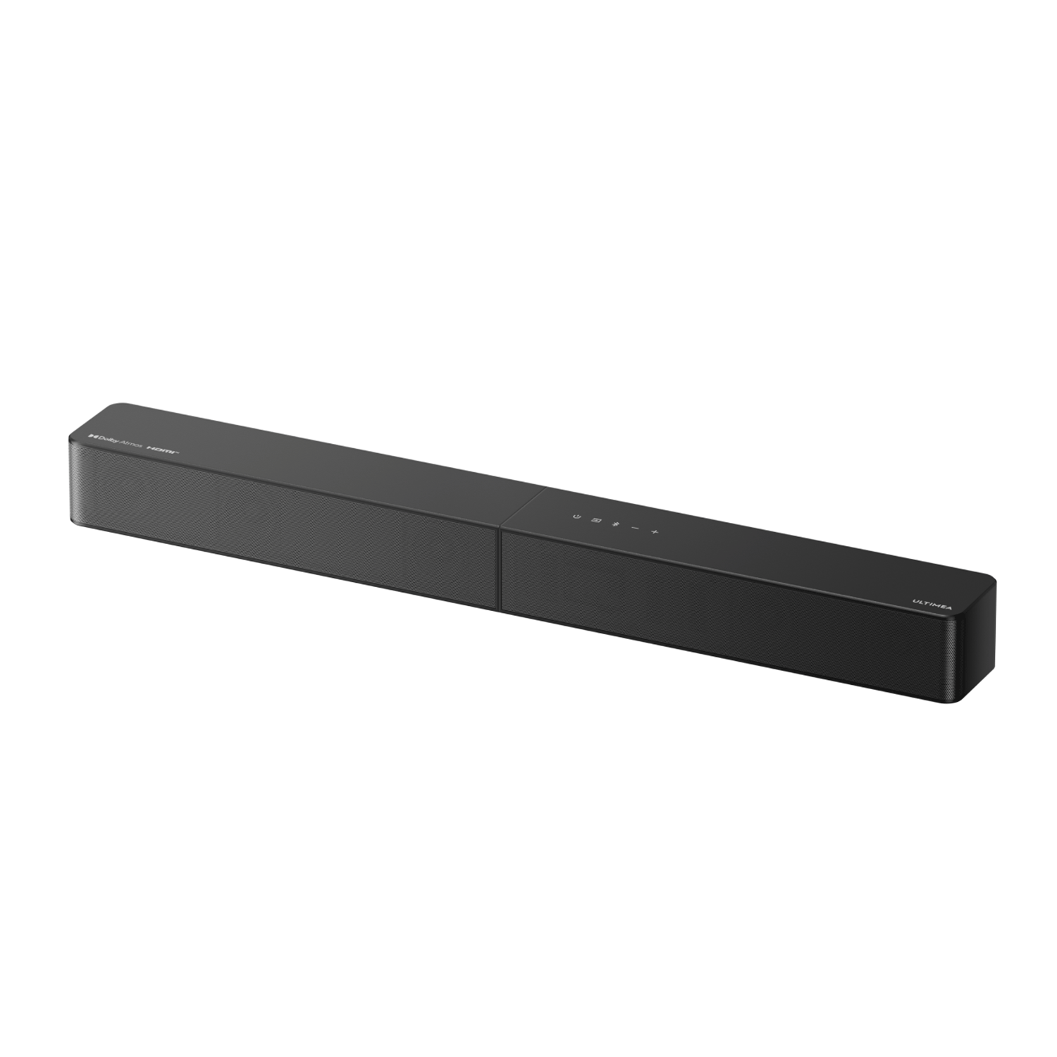 Czarny soundbar z przyciskami i słowem ULTIMEA. Soundbar jest na białym tle.