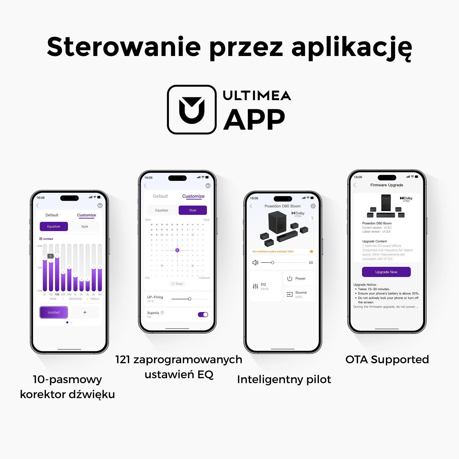 Obraz przedstawia aplikacje na smartfony do sterowania dźwiękiem: korektor, ustawienia i aktualizacja oprogramowania. Tekst po polsku i angielsku.