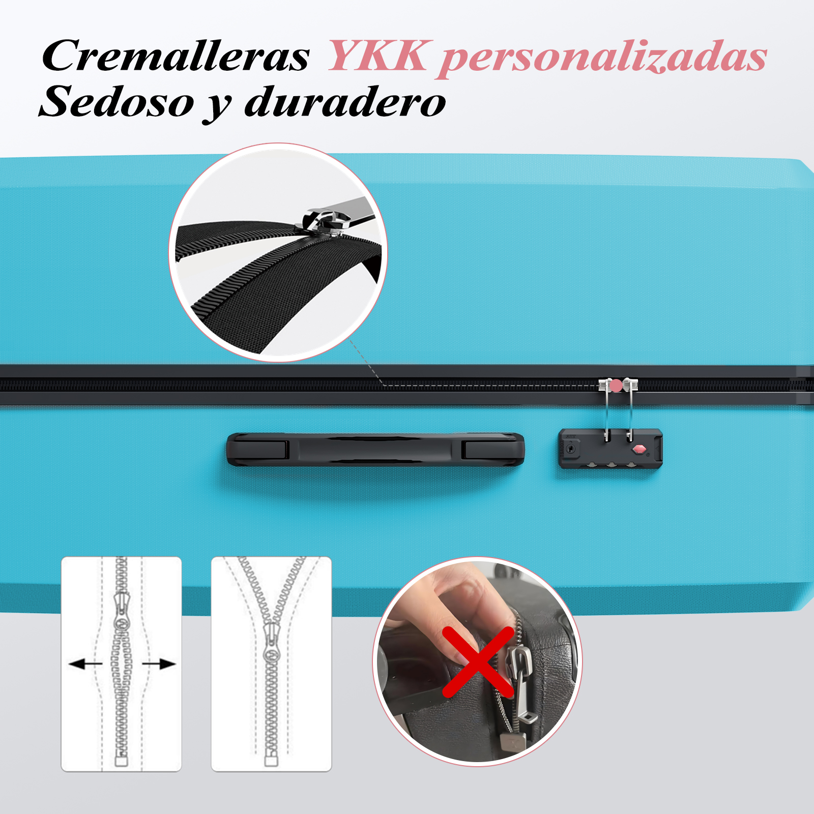Una maleta azul con cremallera, asa y cerradura negras. Diagramas de cremalleras y una mano usándolas.