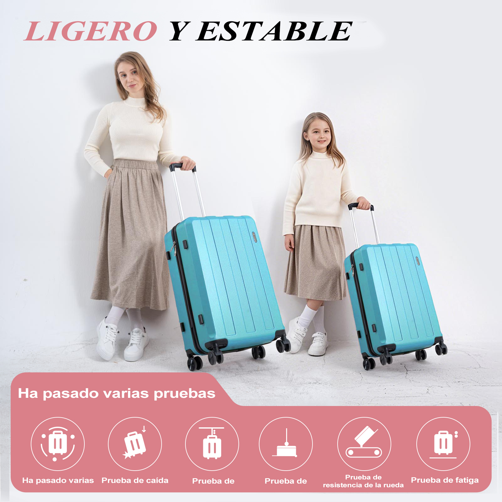 Una mujer y una niña están de pie junto a maletas turquesas. El texto de fondo dice "LIGERO Y ESTABLE".