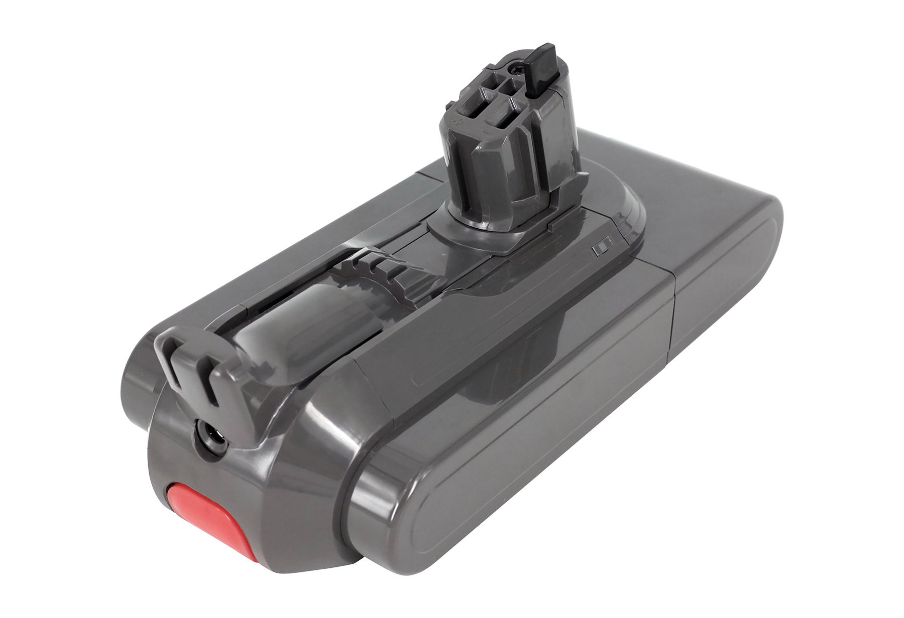 Una batteria grigia per aspirapolvere Dyson con pulsante rosso e connettore nero su sfondo bianco.