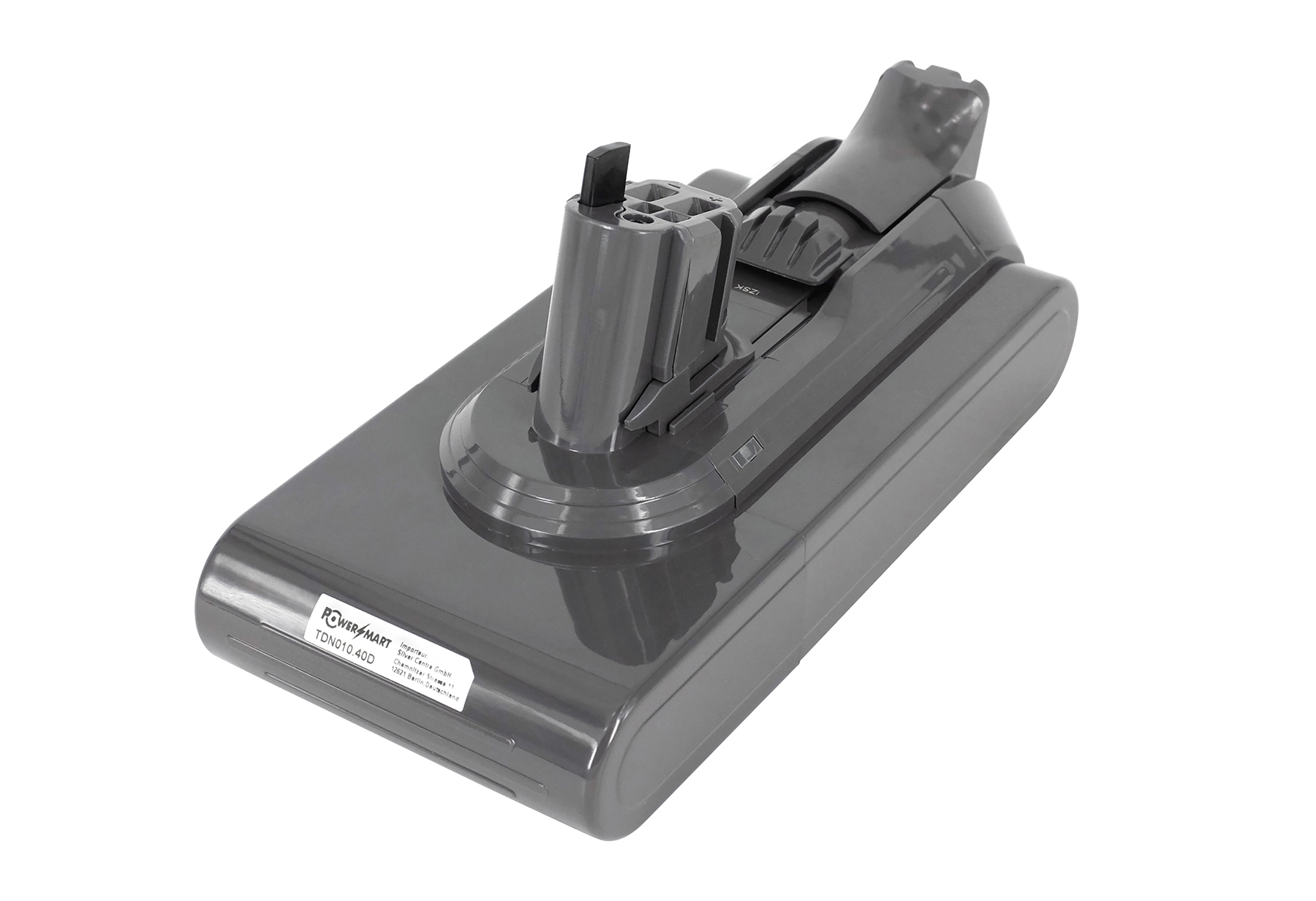Un pacco batteria grigio per aspirapolvere Dyson. Ha un'impugnatura e un'etichetta con 'Power Mart TDN010.40D'.