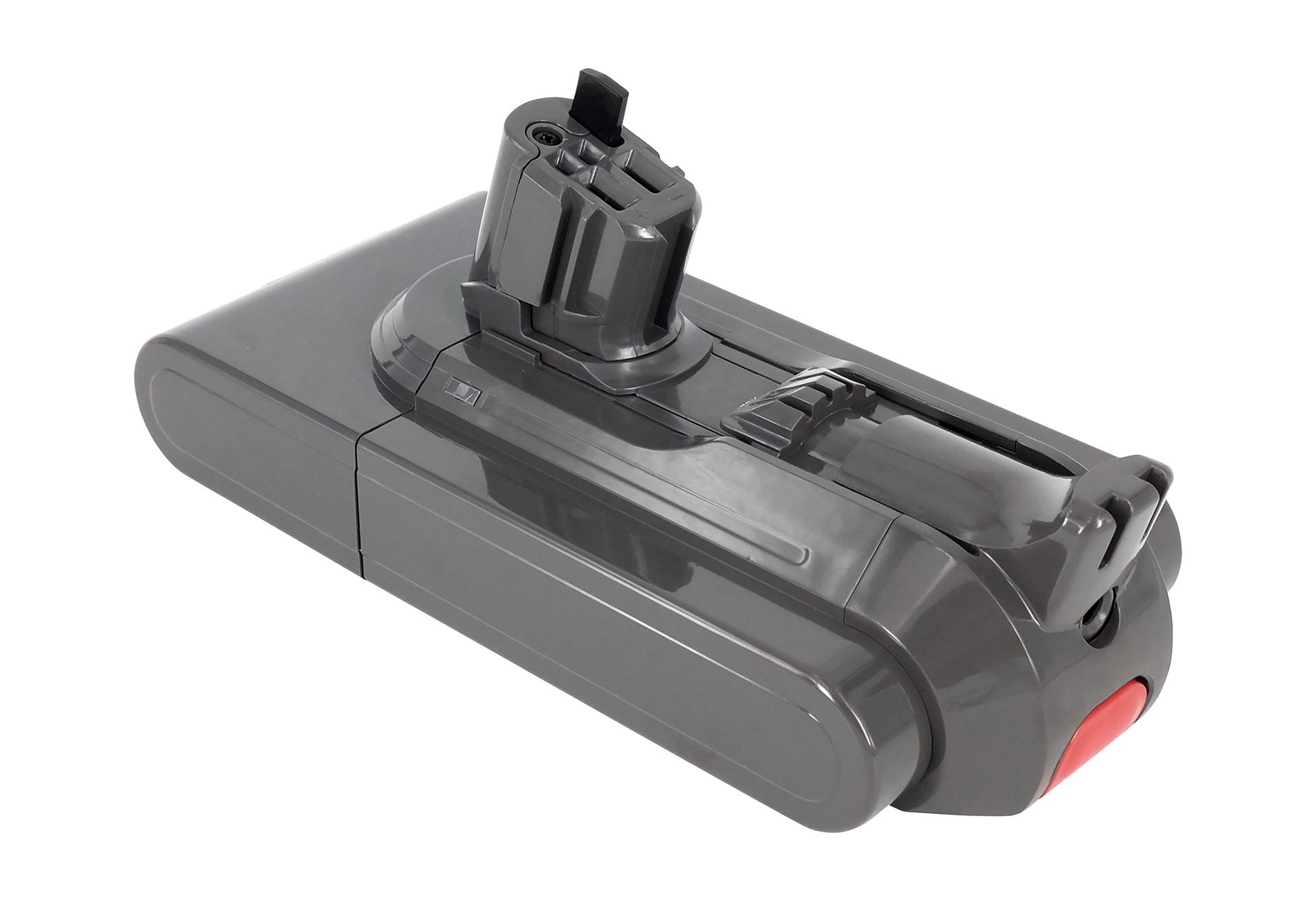 Un pacco batteria grigio per aspirapolvere Dyson è su una superficie bianca. Ha un pulsante rosso e un interruttore nero.