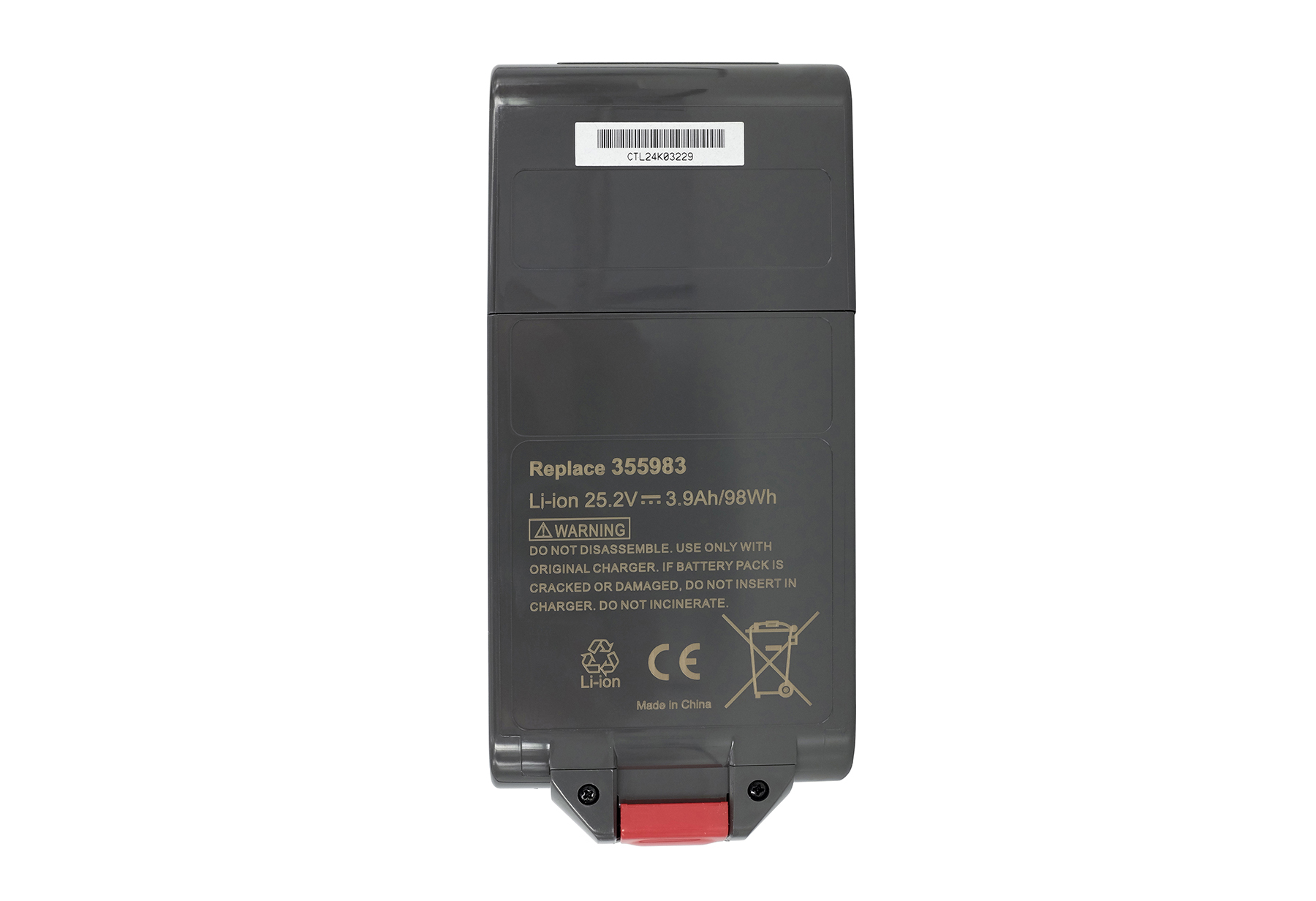Un pacco batteria grigio con un'etichetta di avvertimento e testo. Ha un pulsante rosso in basso e un'etichetta bianca in alto.