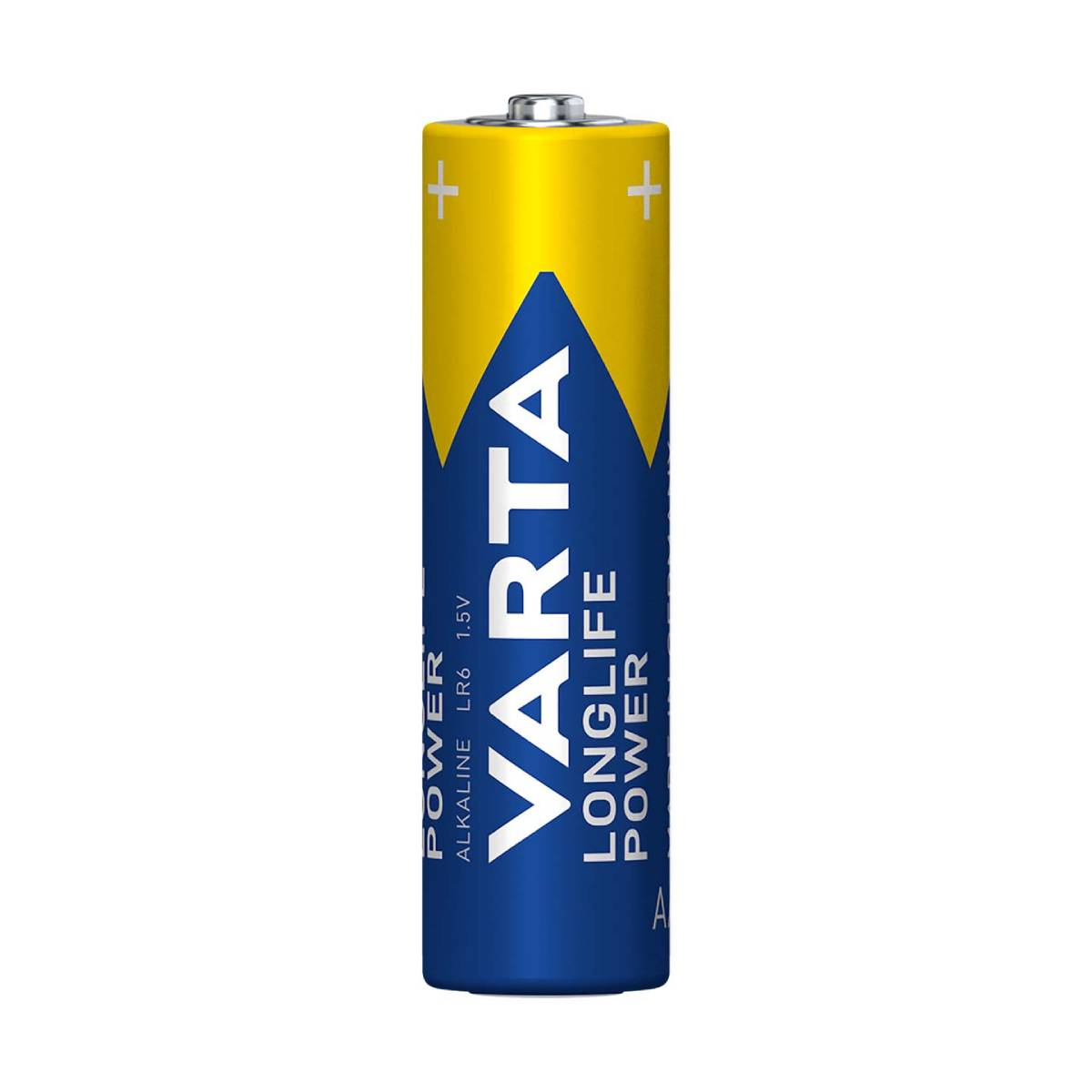 Una batteria VARTA Longlife Power AA. Ha la parte superiore gialla, il corpo blu e il testo bianco. I segni più sono visibili in alto.