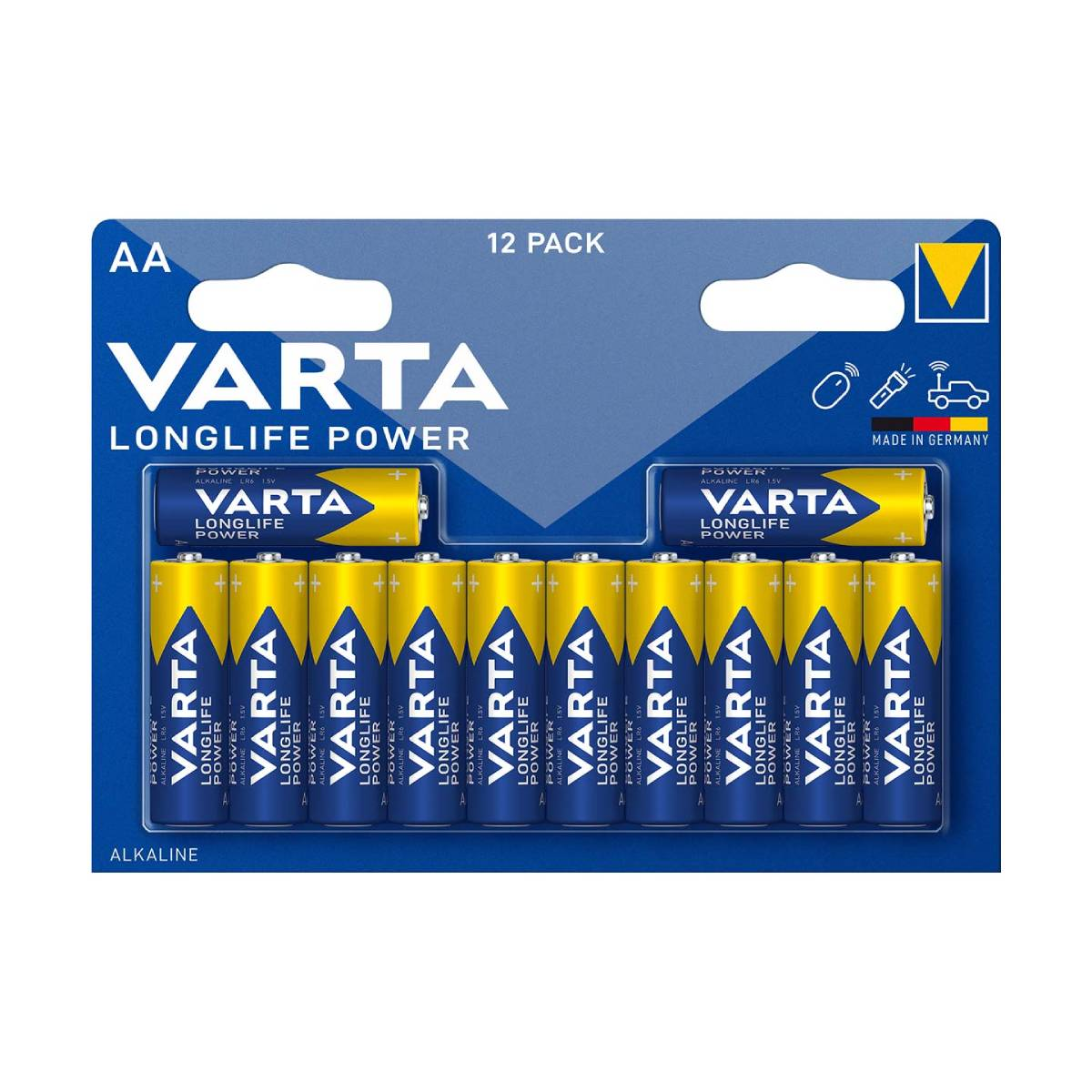 Un pacco da 12 batterie AA Varta Longlife Power. Le batterie sono gialle e nere, con una confezione blu e bianca.