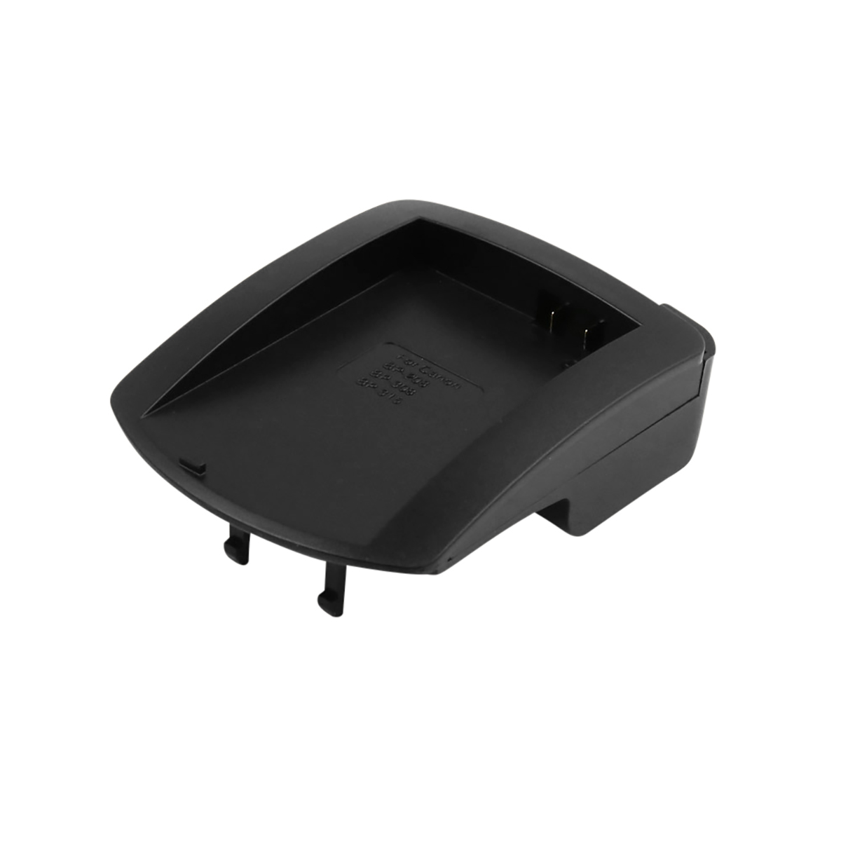 Ein schwarzes Batterieladegerät. Es hat eine rechteckige Form mit abgerundeten Kanten. Das Ladegerät hat zwei Stifte und Text.