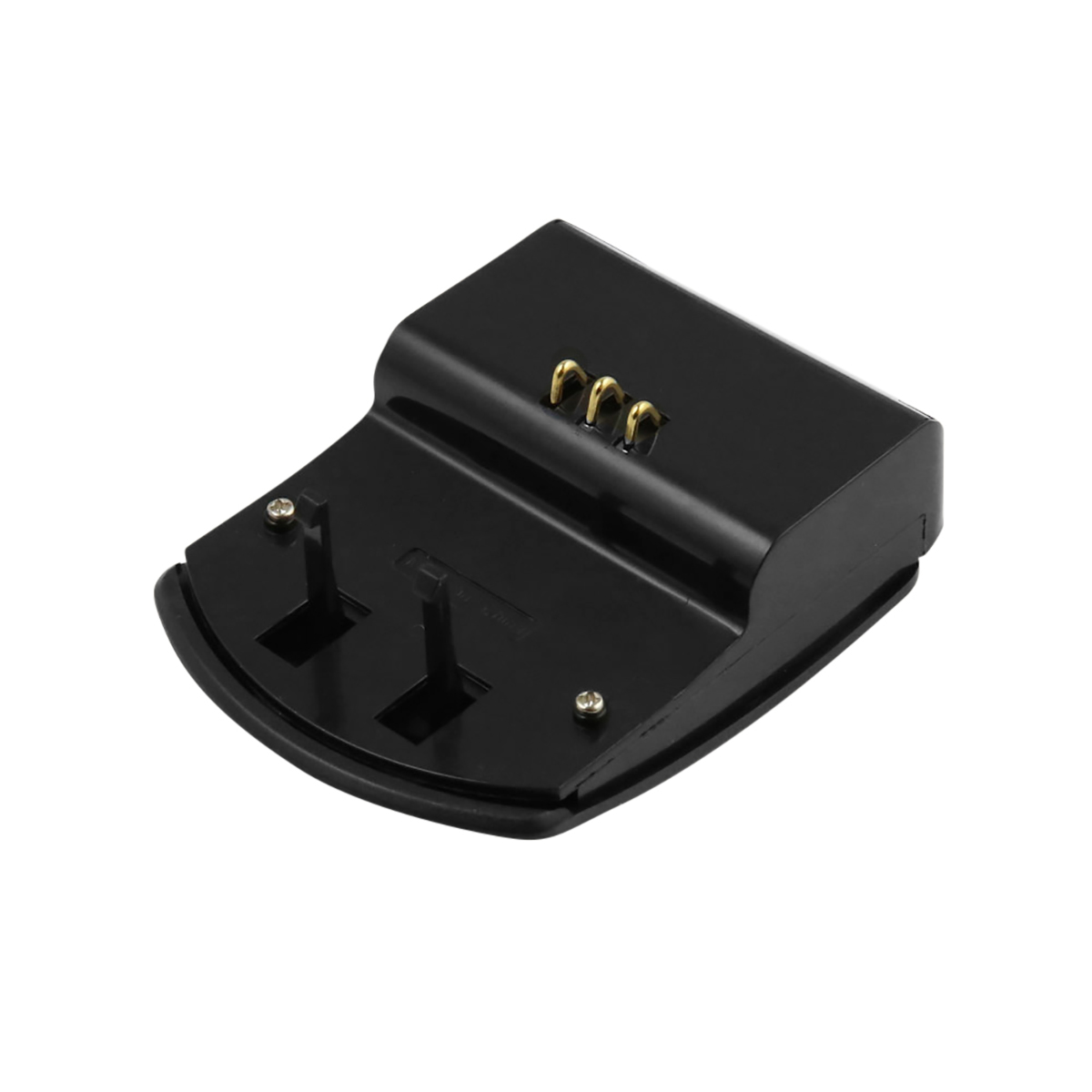 Schwarze Ladestation. Drei goldene Anschlüsse oben. Zwei kleine Pfosten und Schrauben an der Basis. Gebogenes Design.