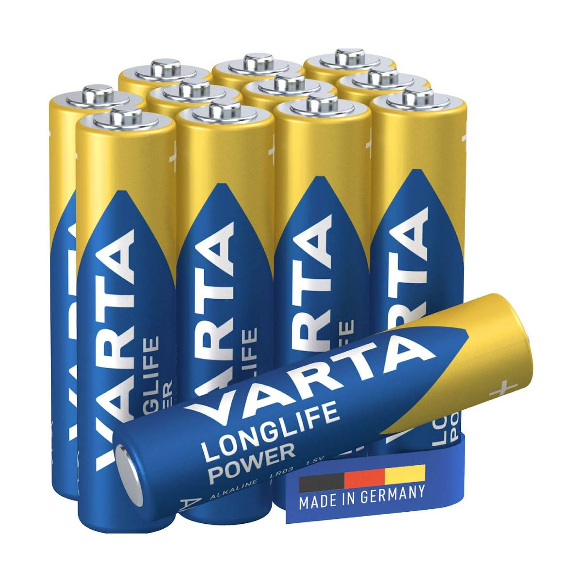 Negen Varta-batterijen, geel en blauw, in een groep. Eén batterij ligt. Made in Germany label.