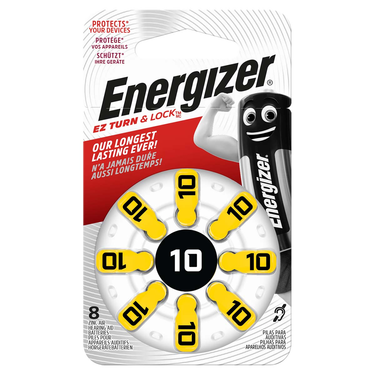 Confezione di batterie per apparecchi acustici Energizer. Sono visibili batterie gialle e nere. '10' è stampato sulle batterie. Il logo 'Energizer' è presente.
