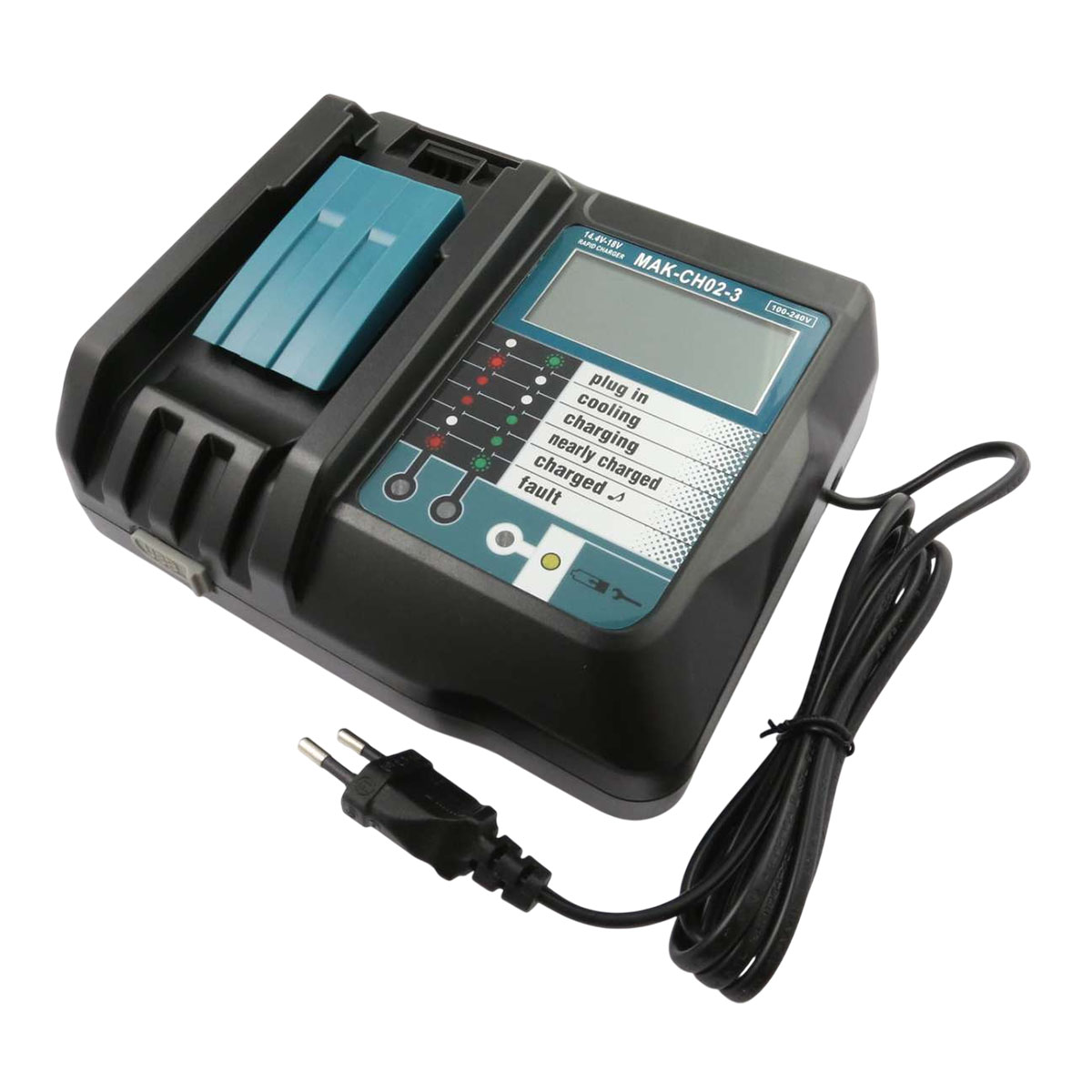 Ein schwarz-blaues Batterieladegerät mit Digitalanzeige und Netzkabel. Es zeigt den Ladestatus an.
