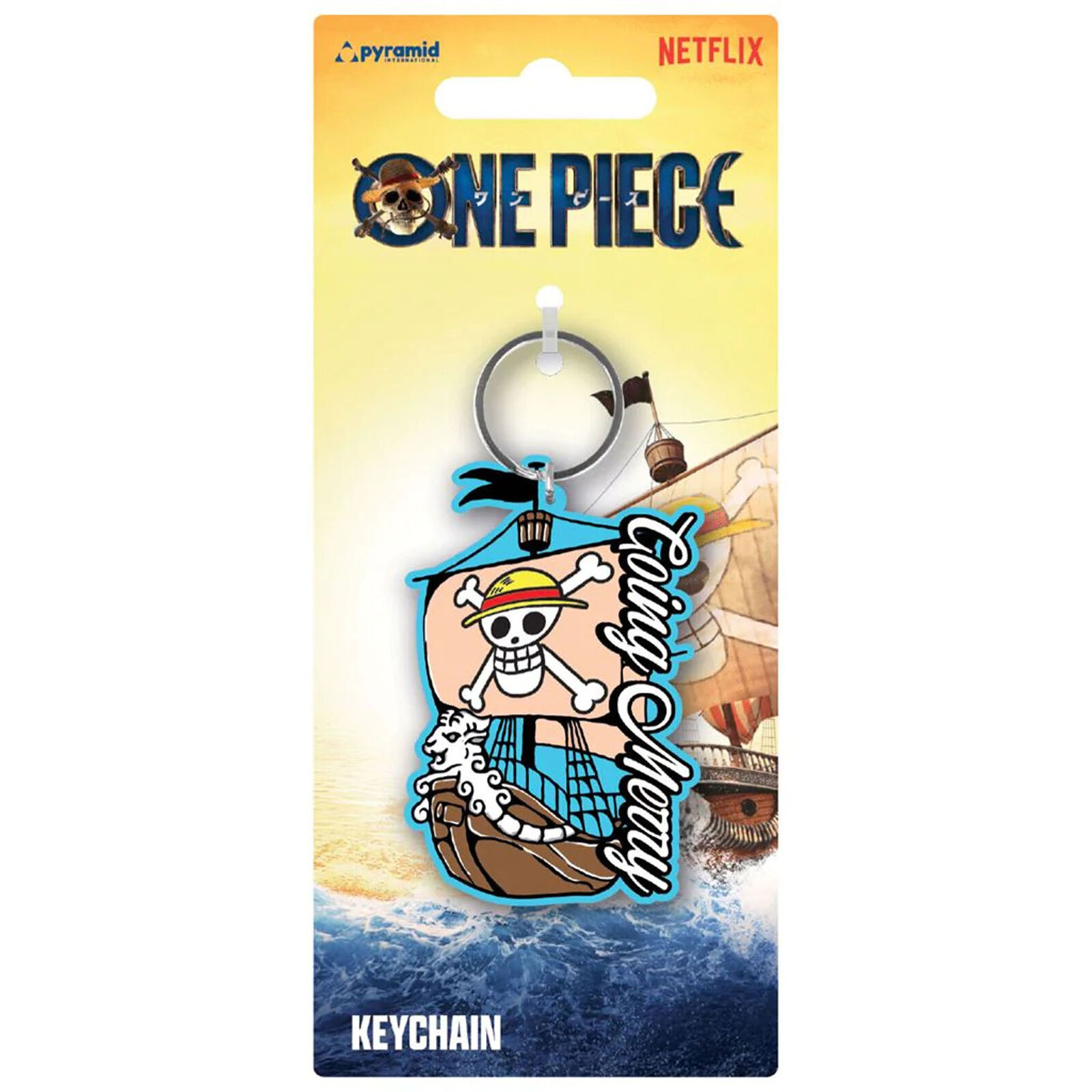 Ein One Piece-Schlüsselanhänger zeigt das Schiff Going Merry mit Totenkopf und gekreuzten Knochen vor dem Hintergrund des Meeres.