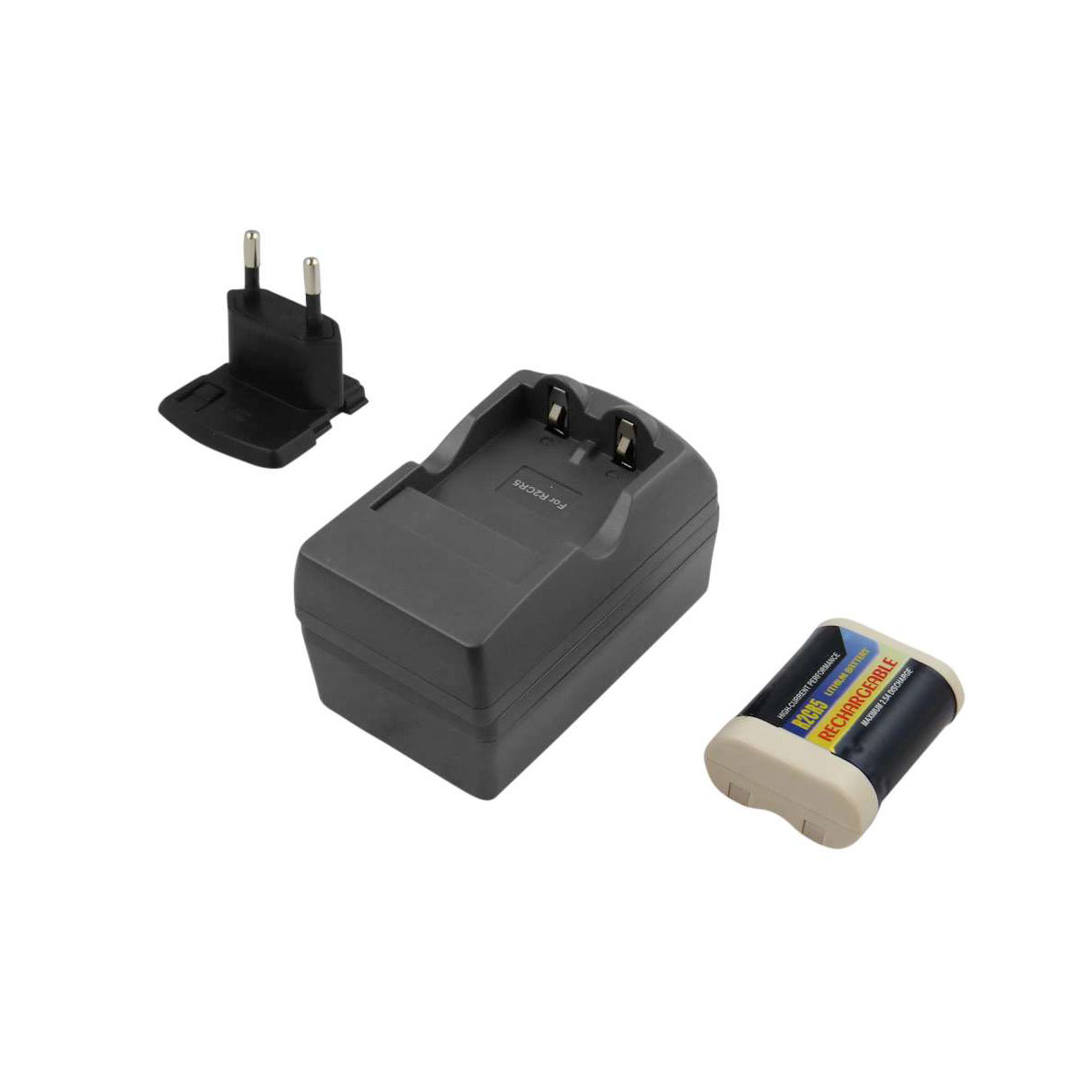 Auf weißer Oberfläche befinden sich ein Ladegerät, ein Stecker und eine Batterie. Das Ladegerät ist schwarz mit Markennamen.