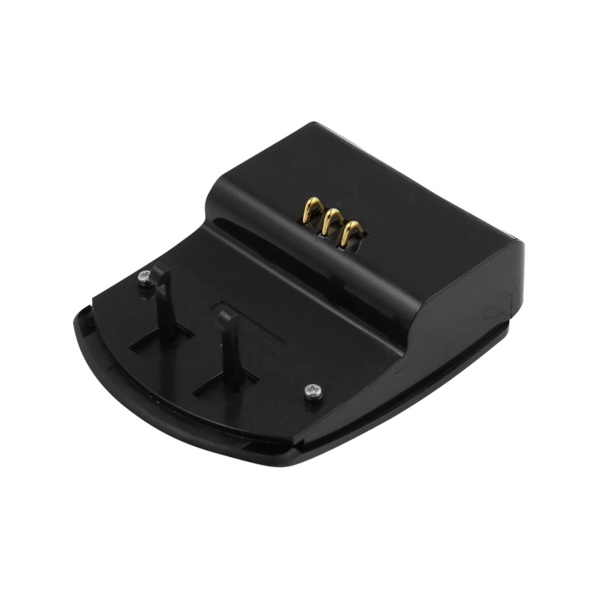 Eine schwarze Ladestation für eine Smartwatch mit drei goldfarbenen Ladekontakten und zwei vertikalen Stiften.