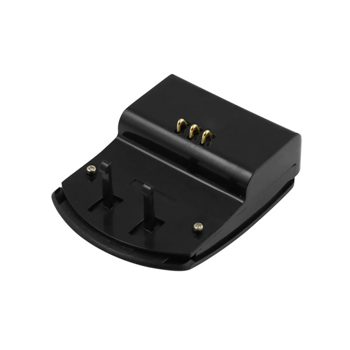Schwarze Ladestation mit goldfarbenen Kontakten und zwei Stiften für ein Gerät. Die Station hat eine gebogene Basis und ist auf weißem Hintergrund.