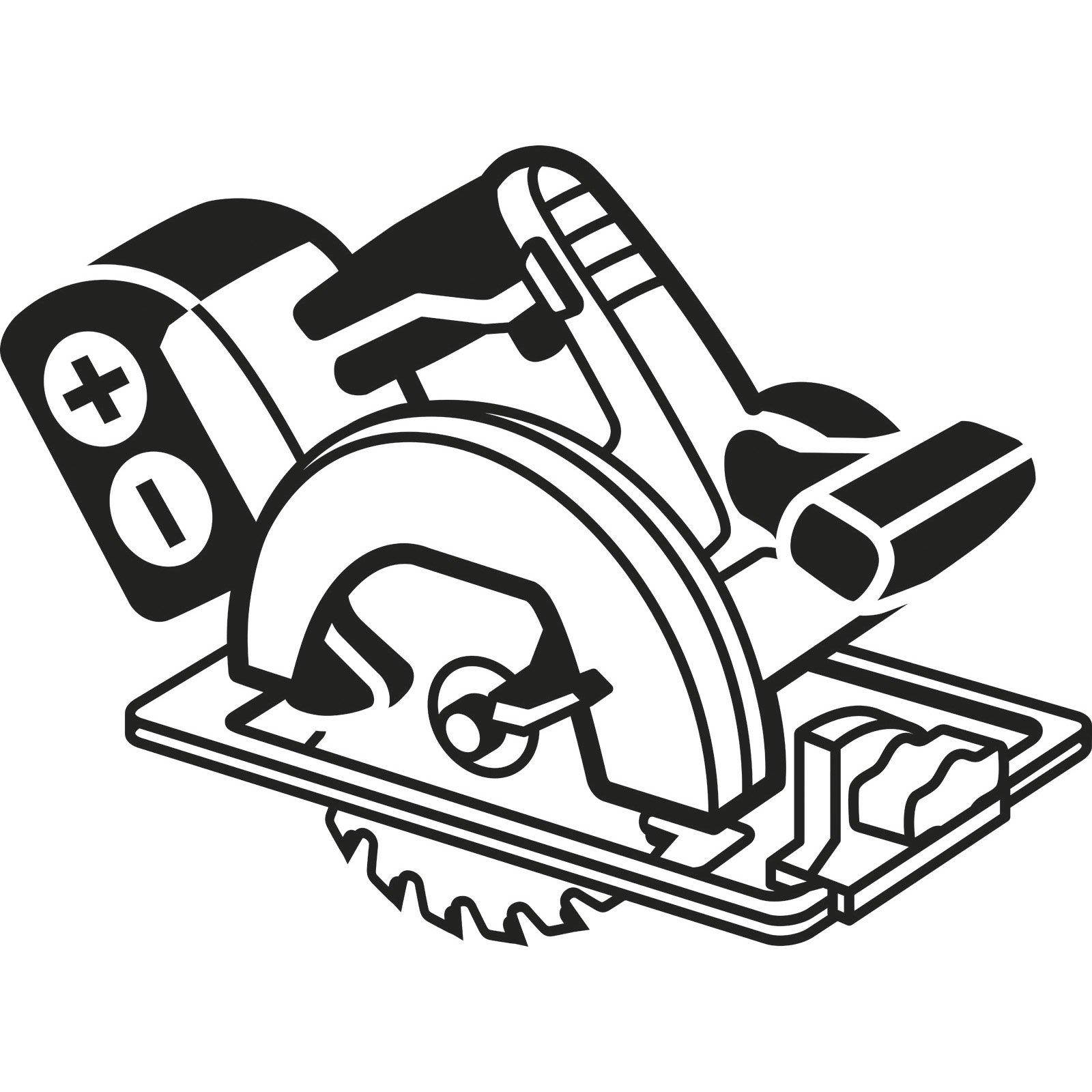 Schwarz-Weiß-Illustration einer Kreissäge. Sie hat einen Akku, einen Klingenschutz und ein gezahntes Sägeblatt.
