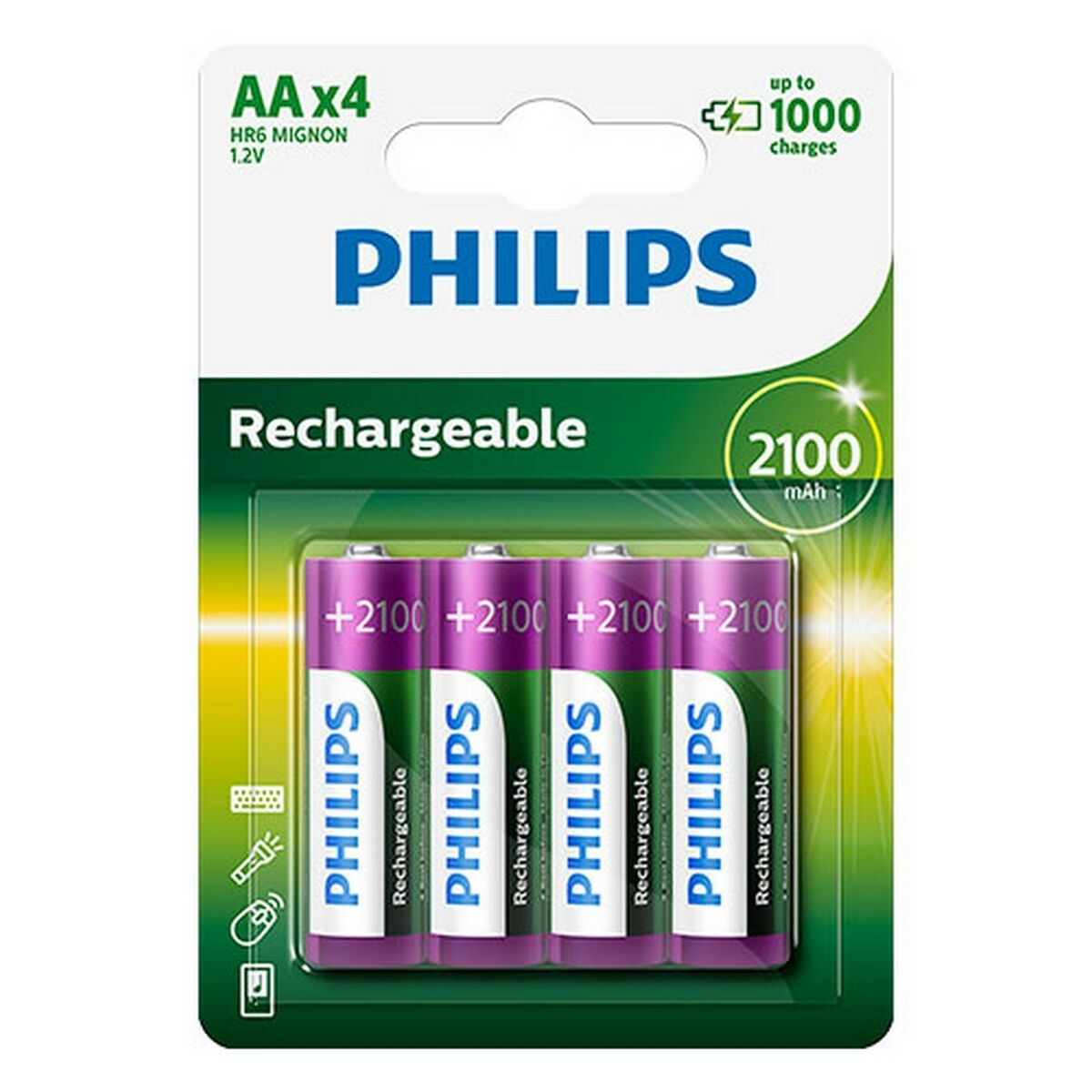 Pakiet akumulatorów AA Philips. Zawiera 4 baterie, każda z +2100 mAh. Opakowanie jest zielono-białe.