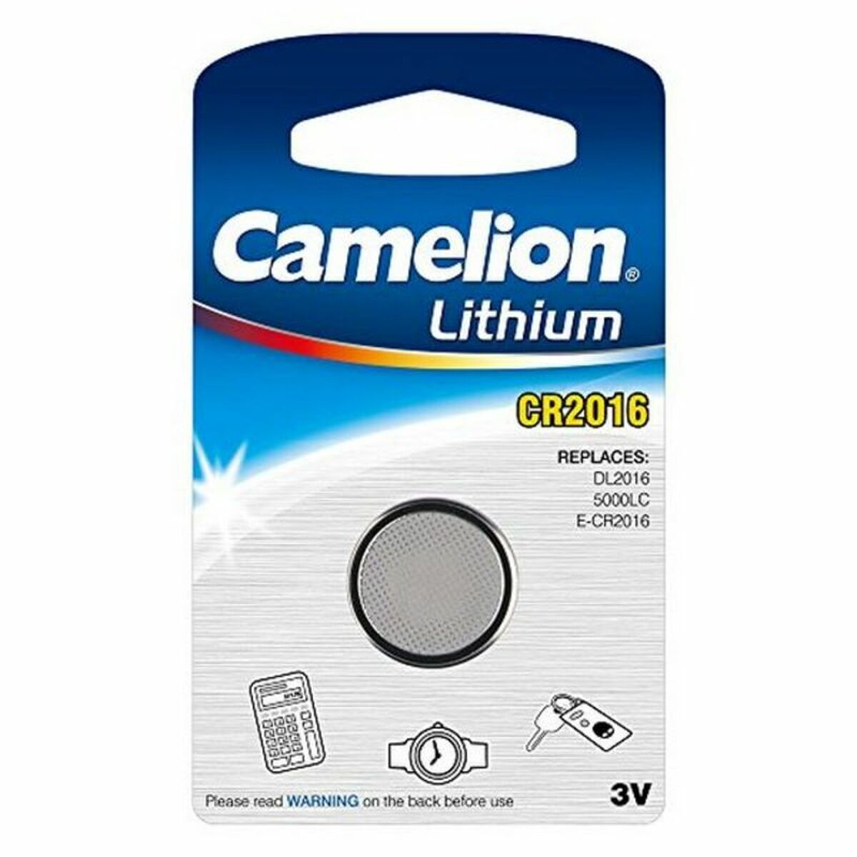 Un pacco batteria Camelion Lithium CR2016. È in una confezione blu e bianca con un'icona della batteria ed etichetta 3V.