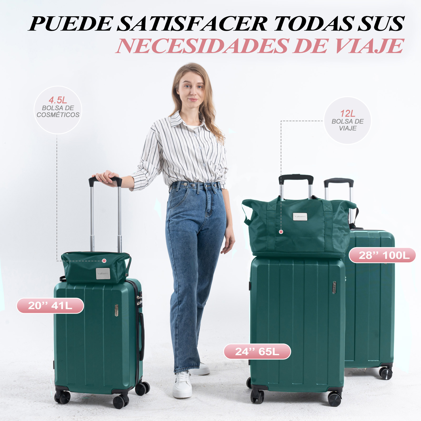 Mujer con juego de equipaje. Incluye un neceser, una maleta y otra más grande, todo en verde oscuro. El fondo es blanco.